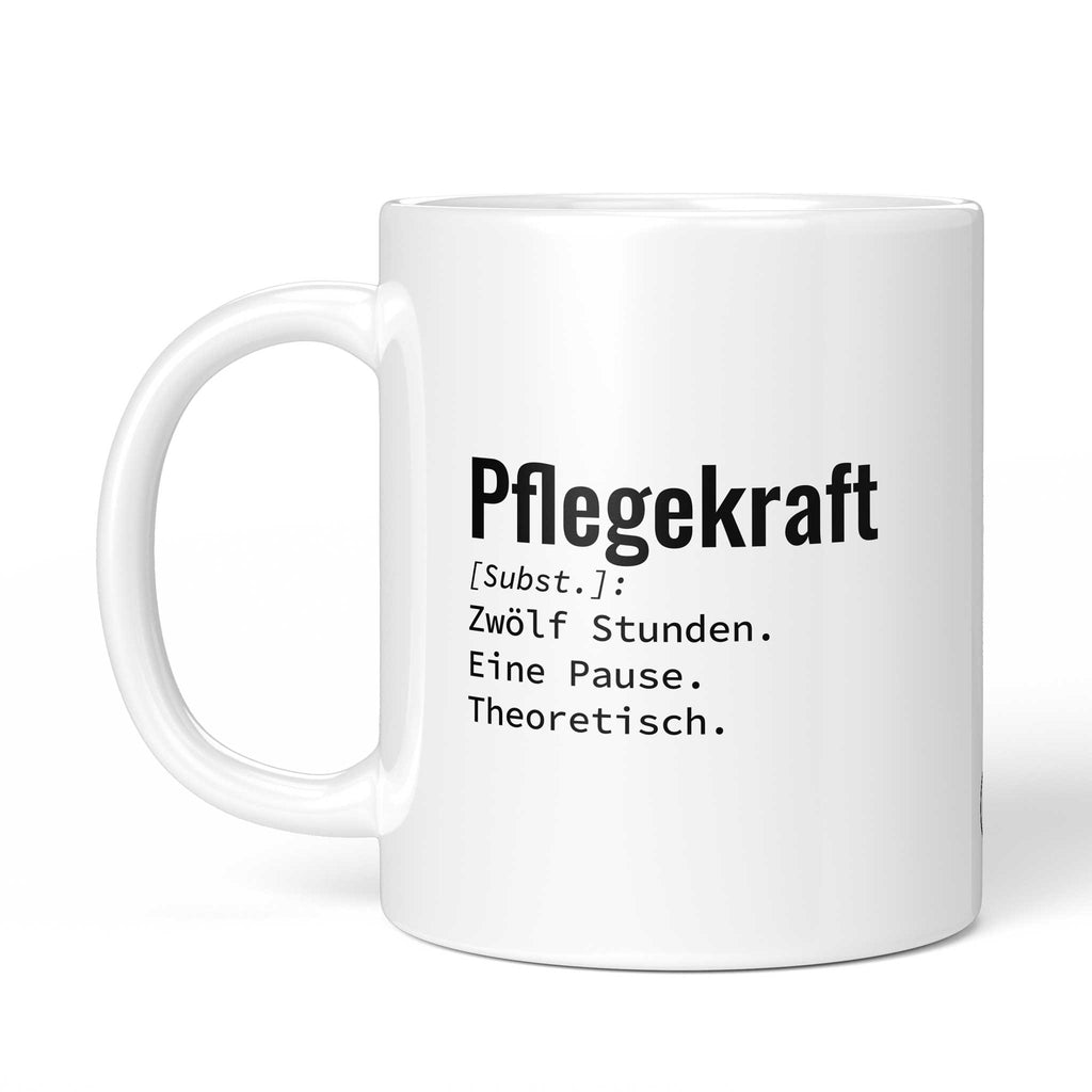 Tasse "Pflegekraft: Zwölf Stunden. Eine Pause. Theoretisch." von der anderen Seite – beidseitig bedruckt, weiße Keramik mit Brüllerware Icon