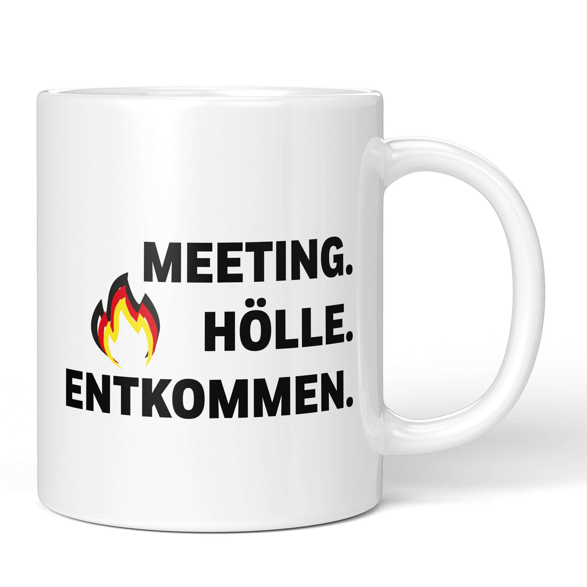 Funny meeting mug "Meeting. Hell. Escaped." – white ceramic cup front view