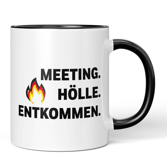 Sarcastic office cup with black accents and "Meeting. Hell. Escaped." quote