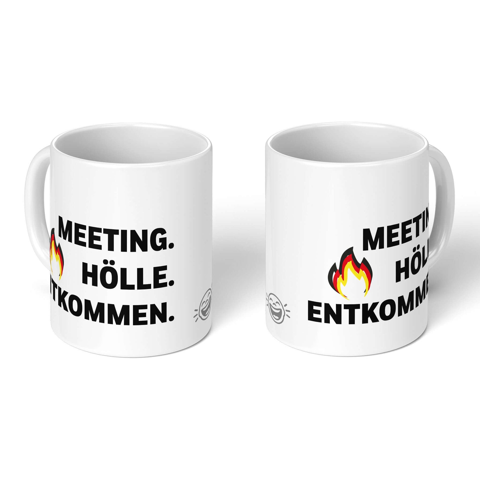 Coworker gift mug – front and back view of "Meeting. Hell. Escaped." design