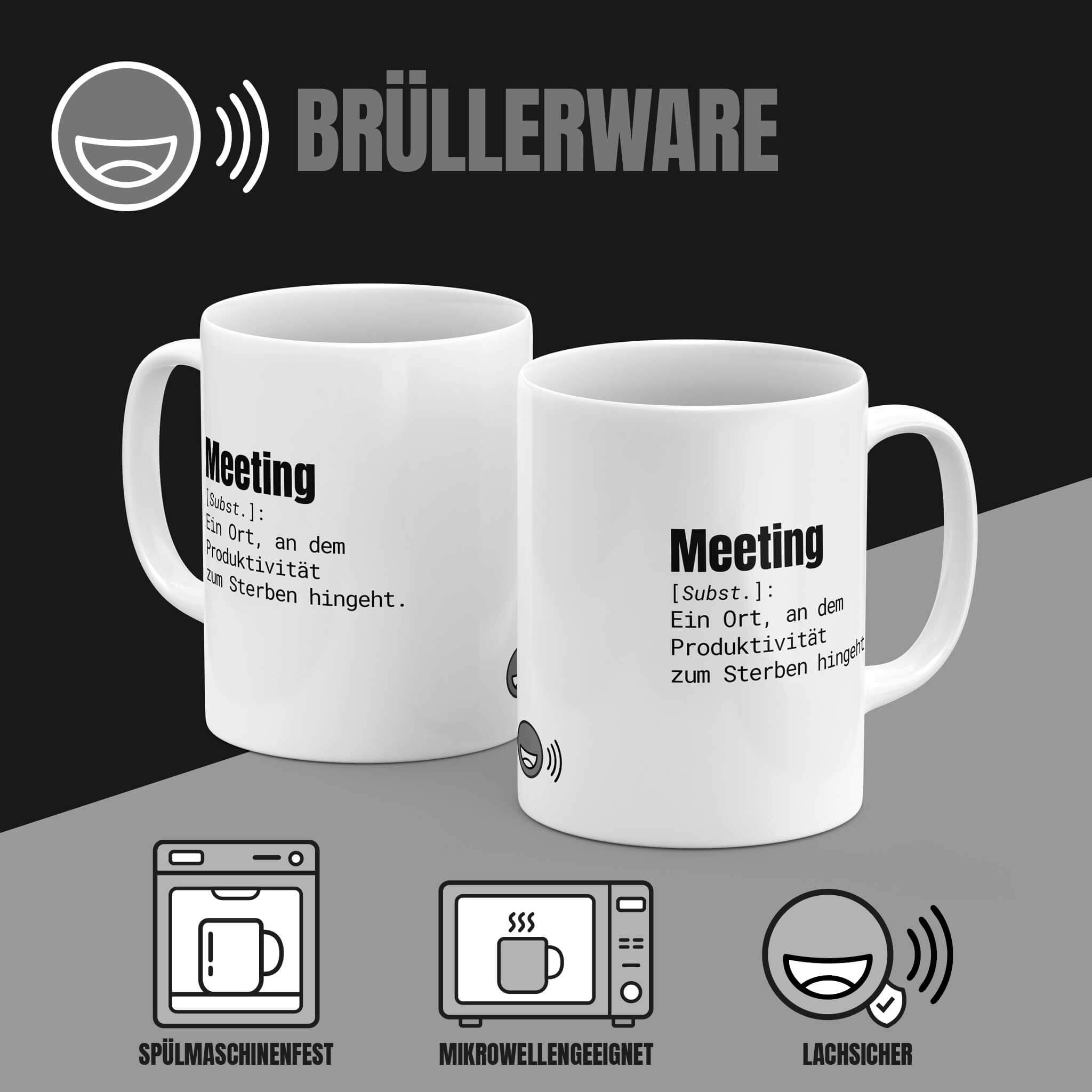 Rückseite der Brüllerware Tasse "Meeting" mit Logo - Spülmaschinenfest & Mikrowellengeeignet
