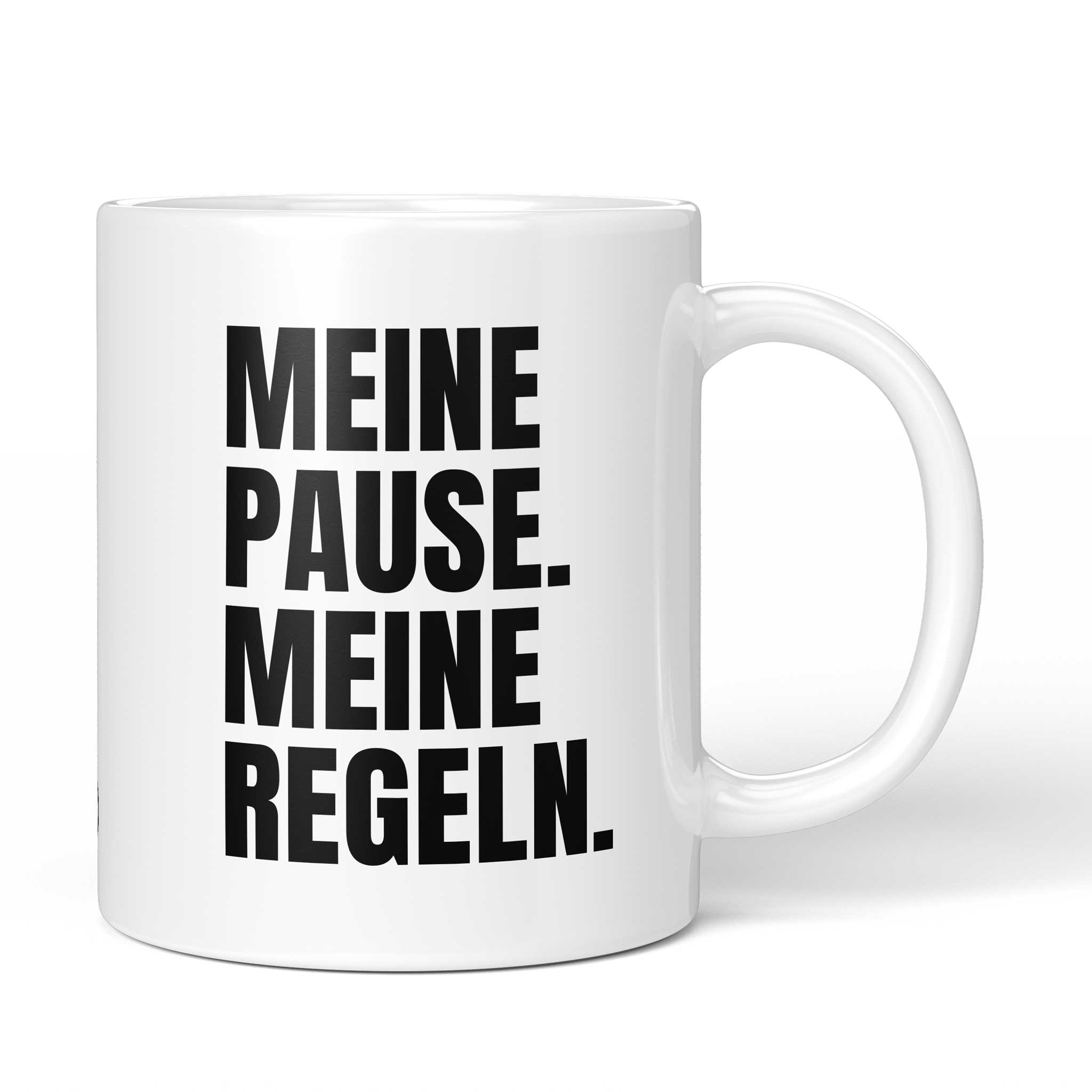 Brüllerware Tasse mit Spruch „Meine Pause. Meine Regeln.“ – weiße Keramiktasse mit schwarzem Statement-Druck und Brüllerware Icon