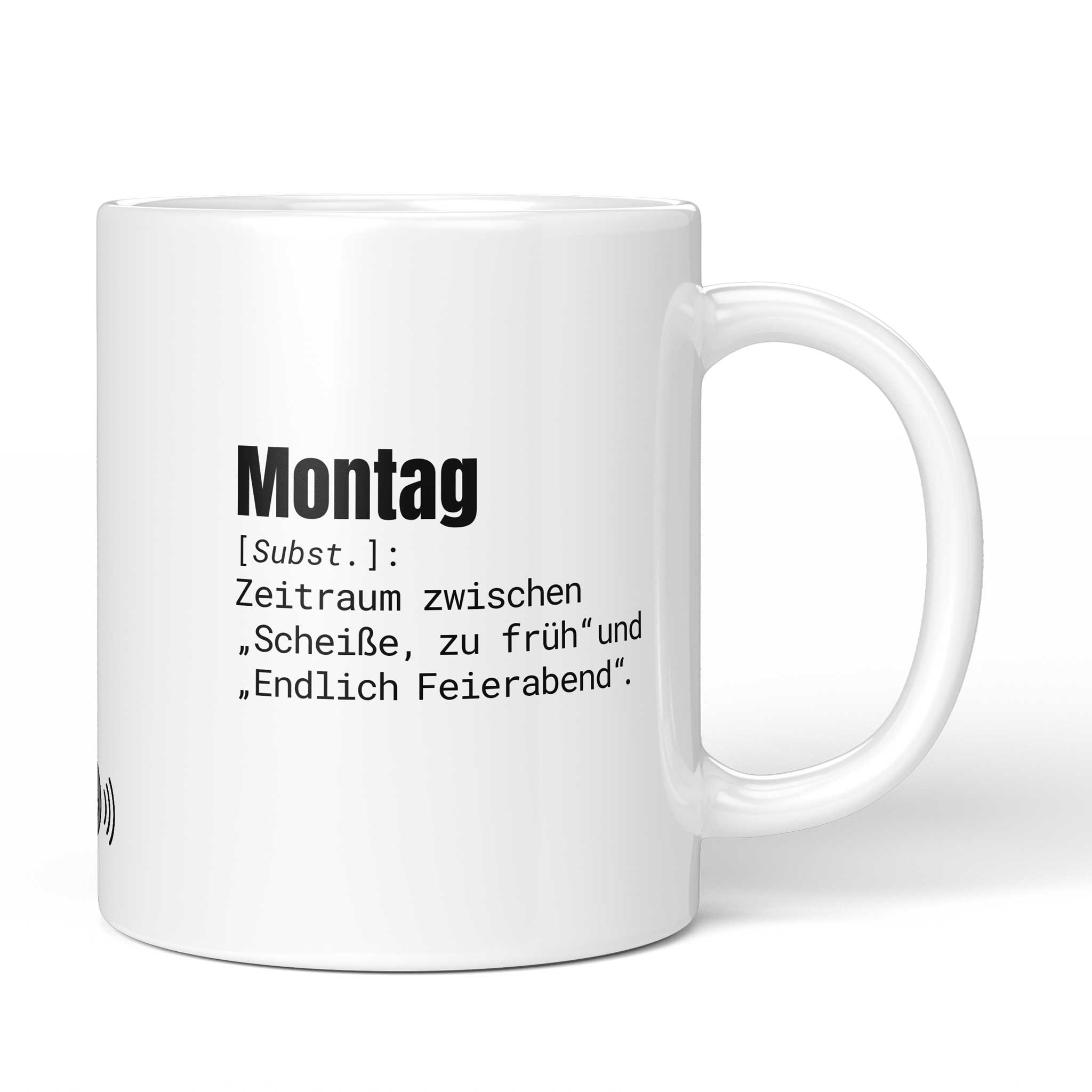 Brüllerware Tasse mit Spruch: "Zeitraum zwischen „Scheiße, zu früh“ und „Endlich Feierabend“." - Lustige Kaffeetasse für Büro & Alltag - Schwarz Weiß Design