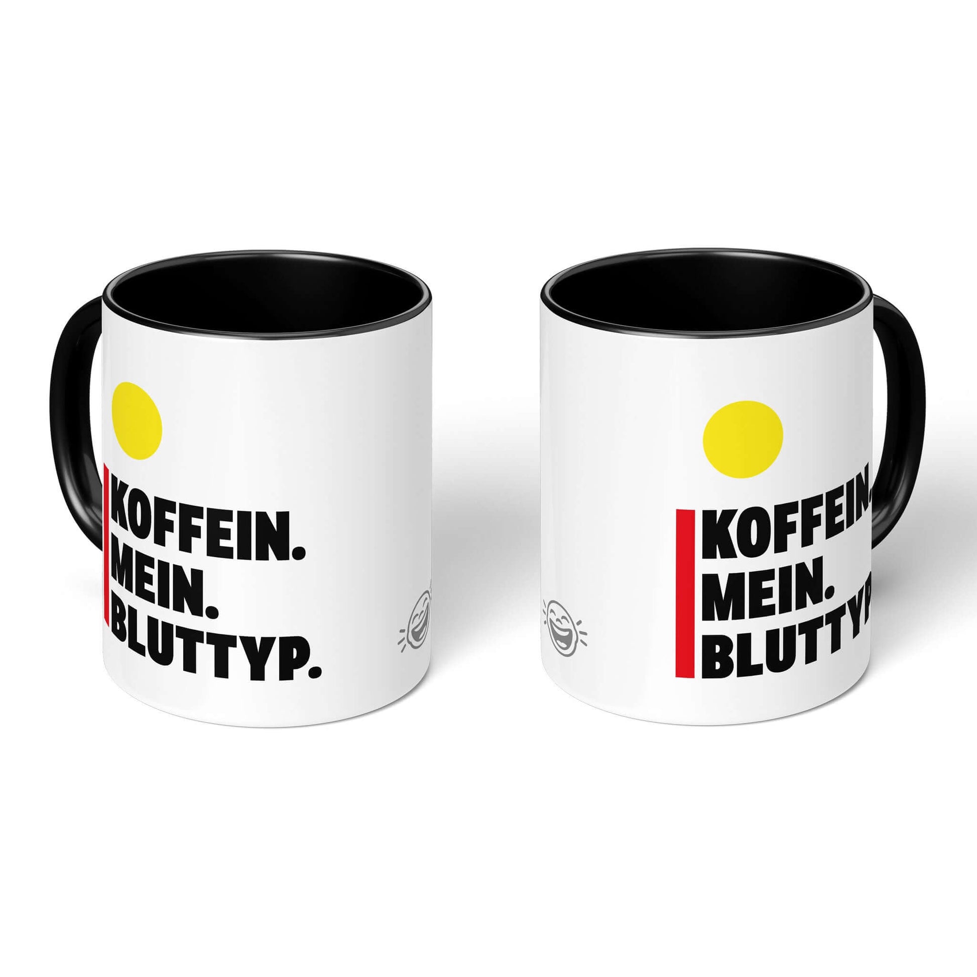 Pair of black & white mugs with yellow dot and caffeine quote
