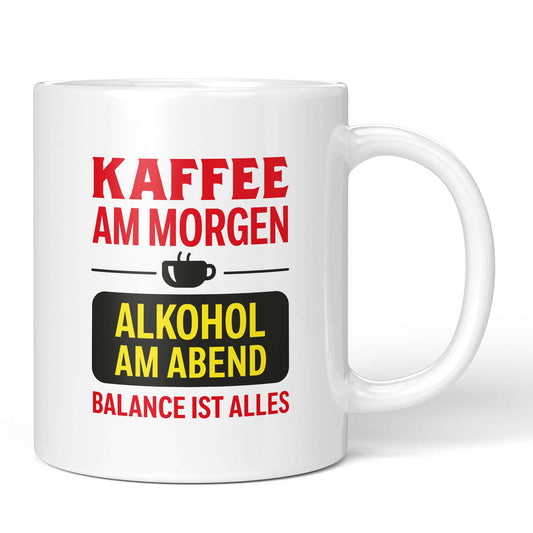 Front view of mug with “Coffee in the Morning – Alcohol at Night” quote