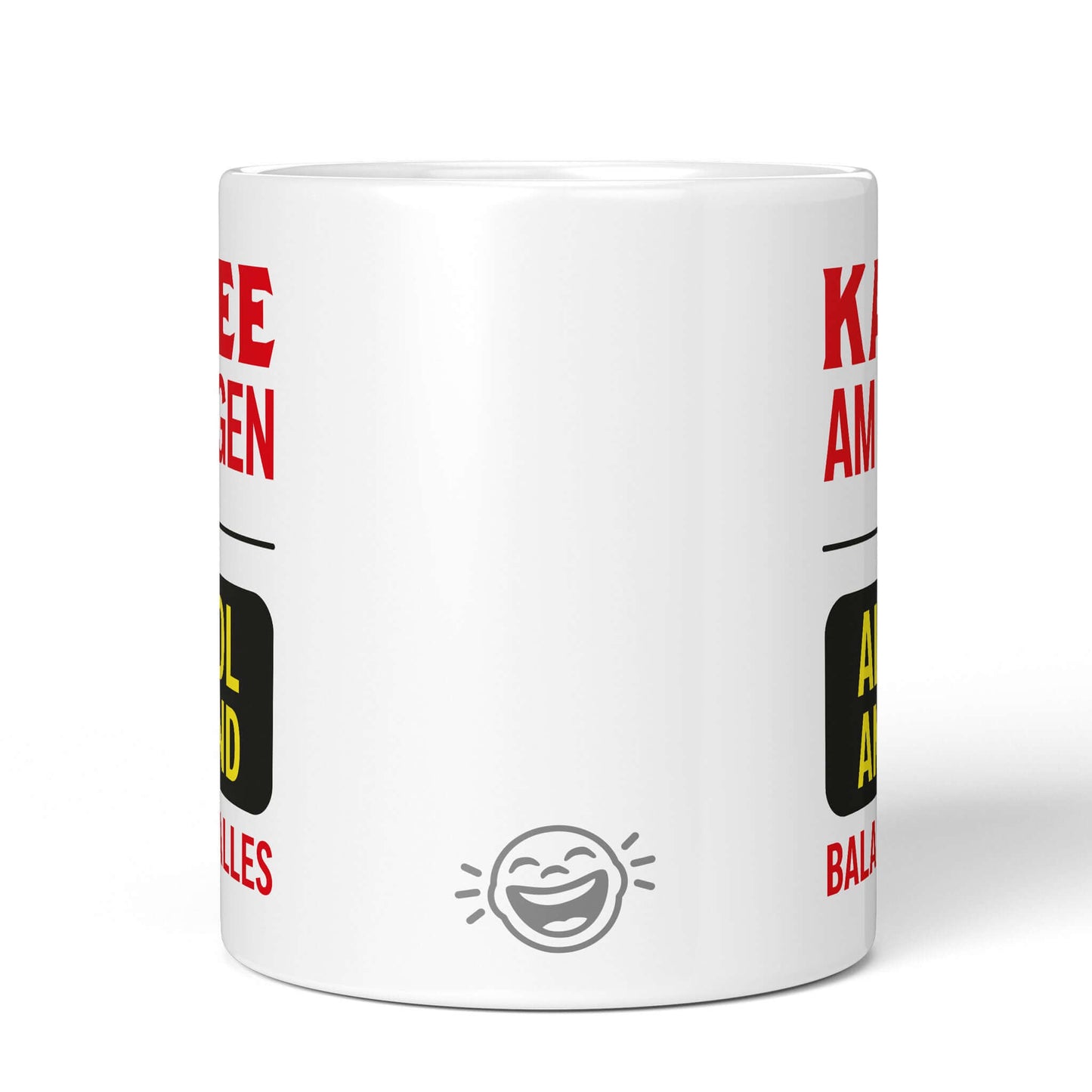 Back view white mug with Brüllerware laughing icon