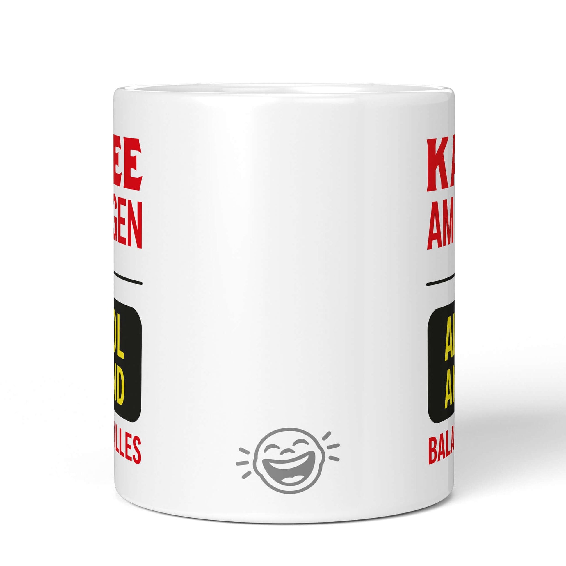 Back view white mug with Brüllerware laughing icon