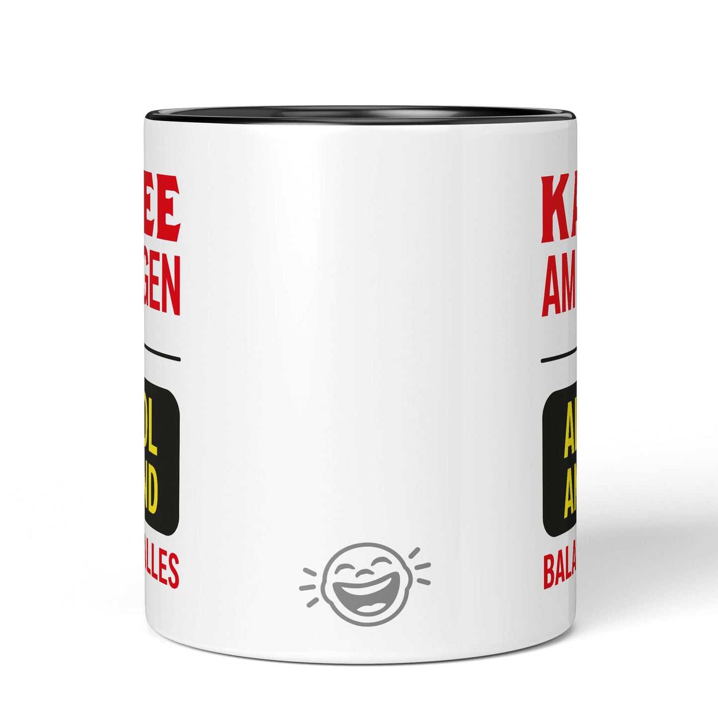 Back view black-handled mug with laughing icon