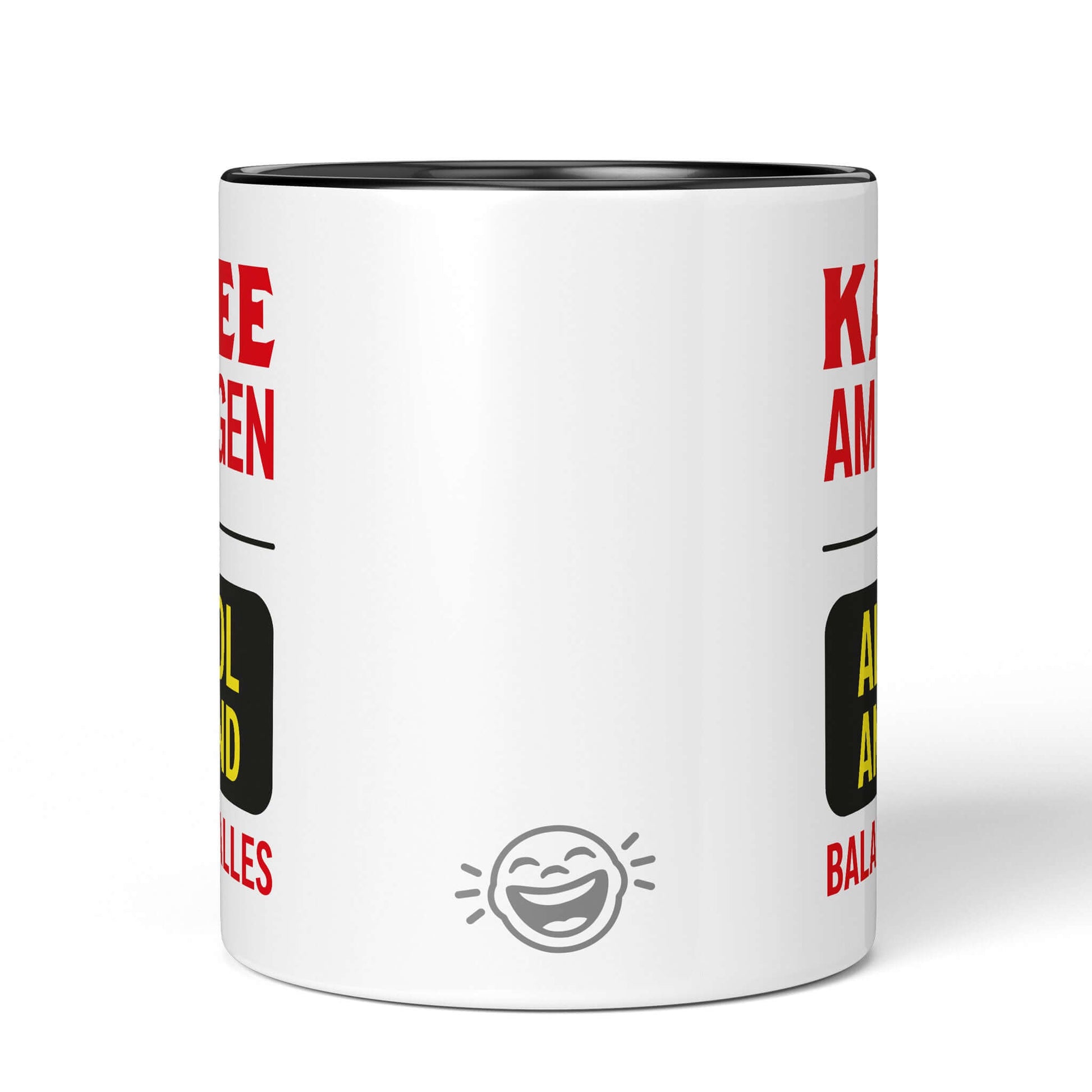 Back view black-handled mug with laughing icon