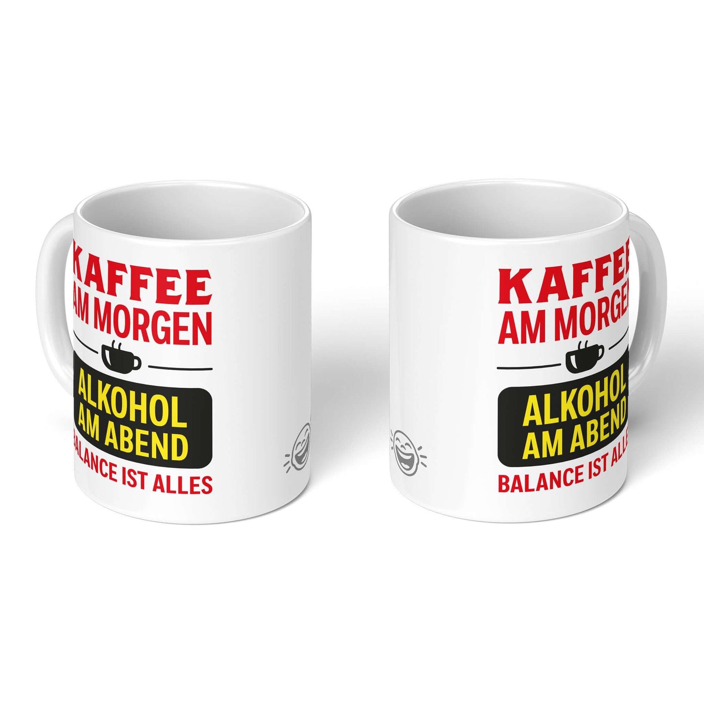 Two white mugs – front and back views