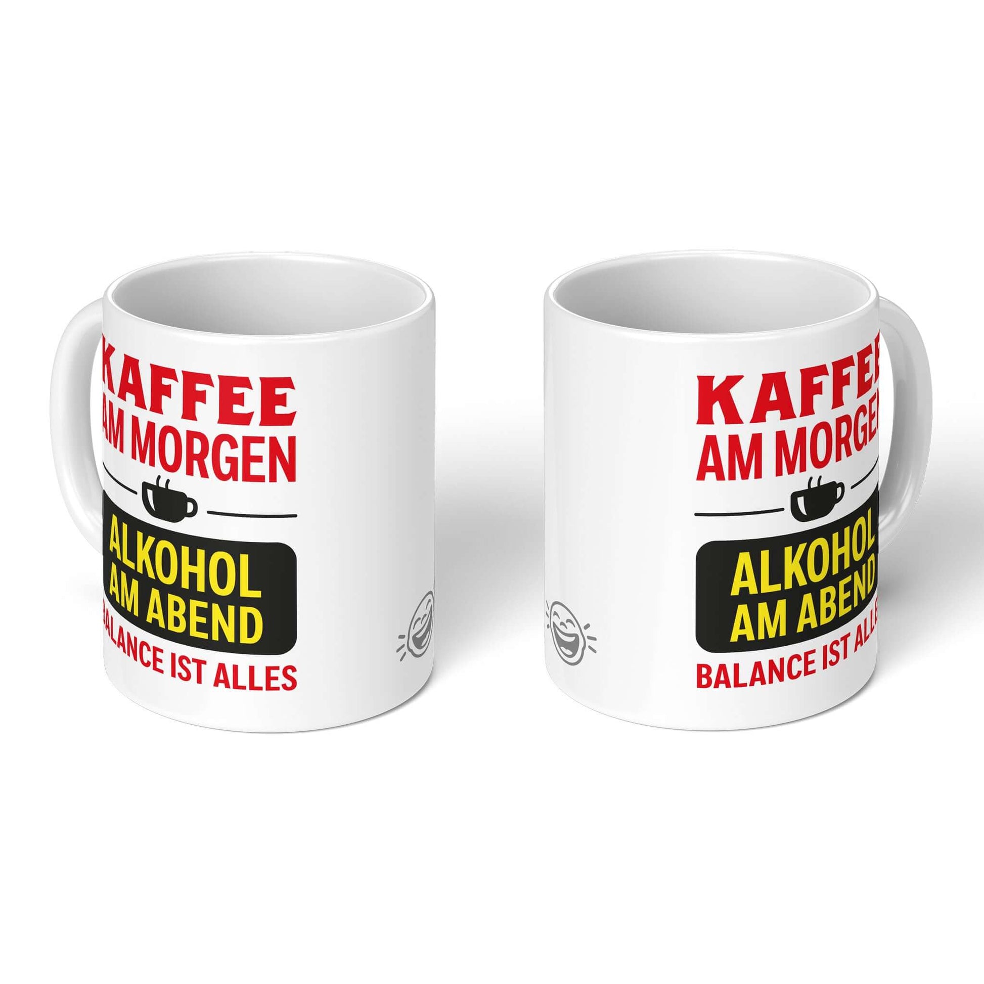 Two white mugs – front and back views