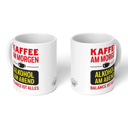 Two white mugs – front and back views