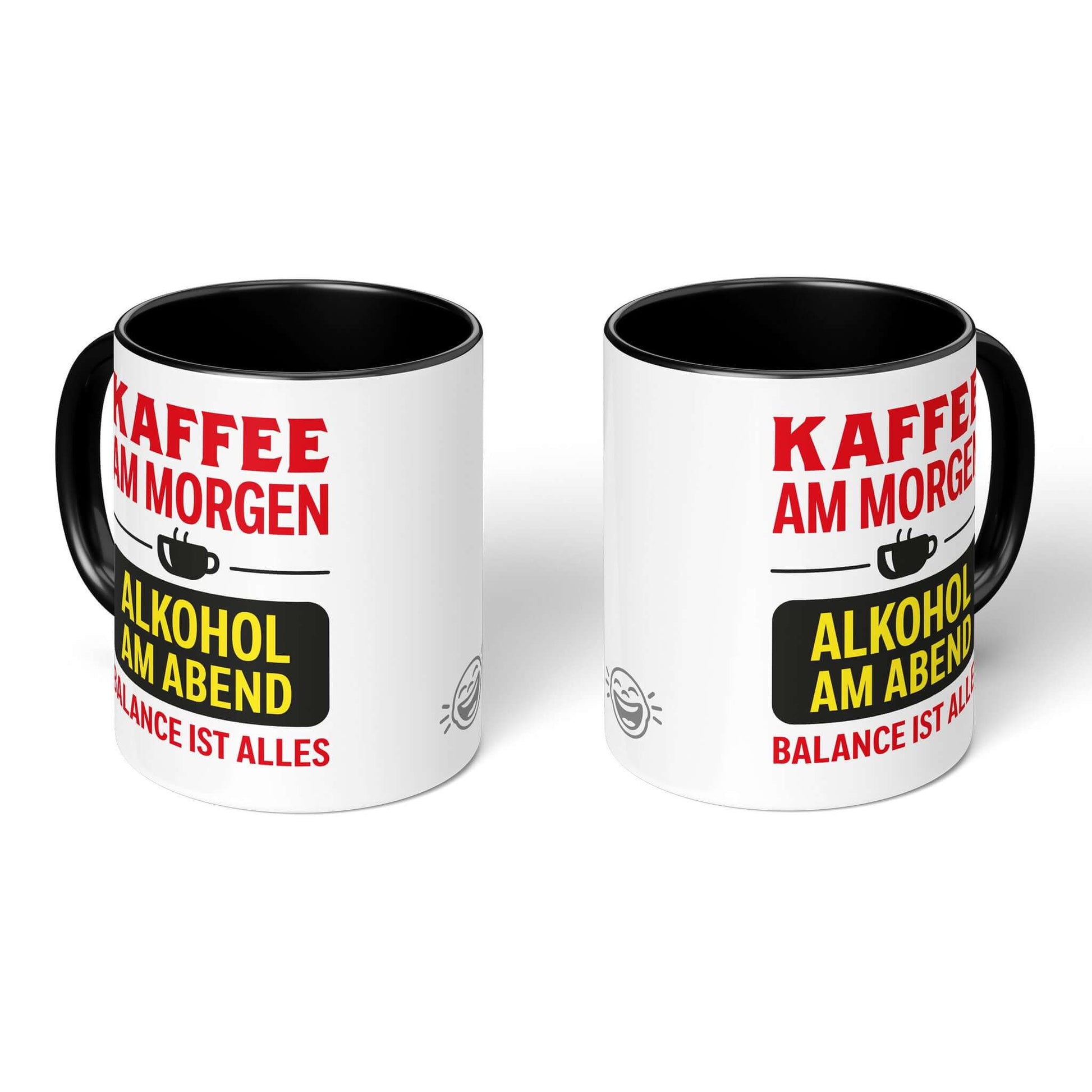 Two black-handled mugs – front and back views