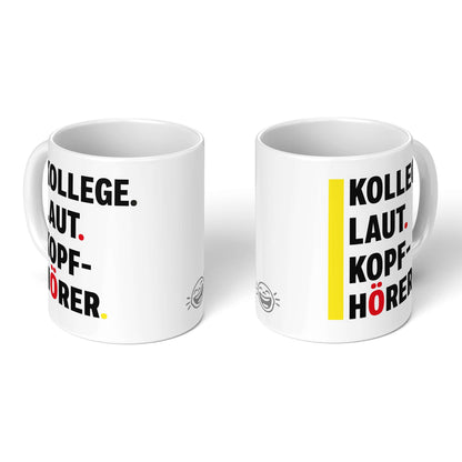 Two white mugs side by side – front and back view