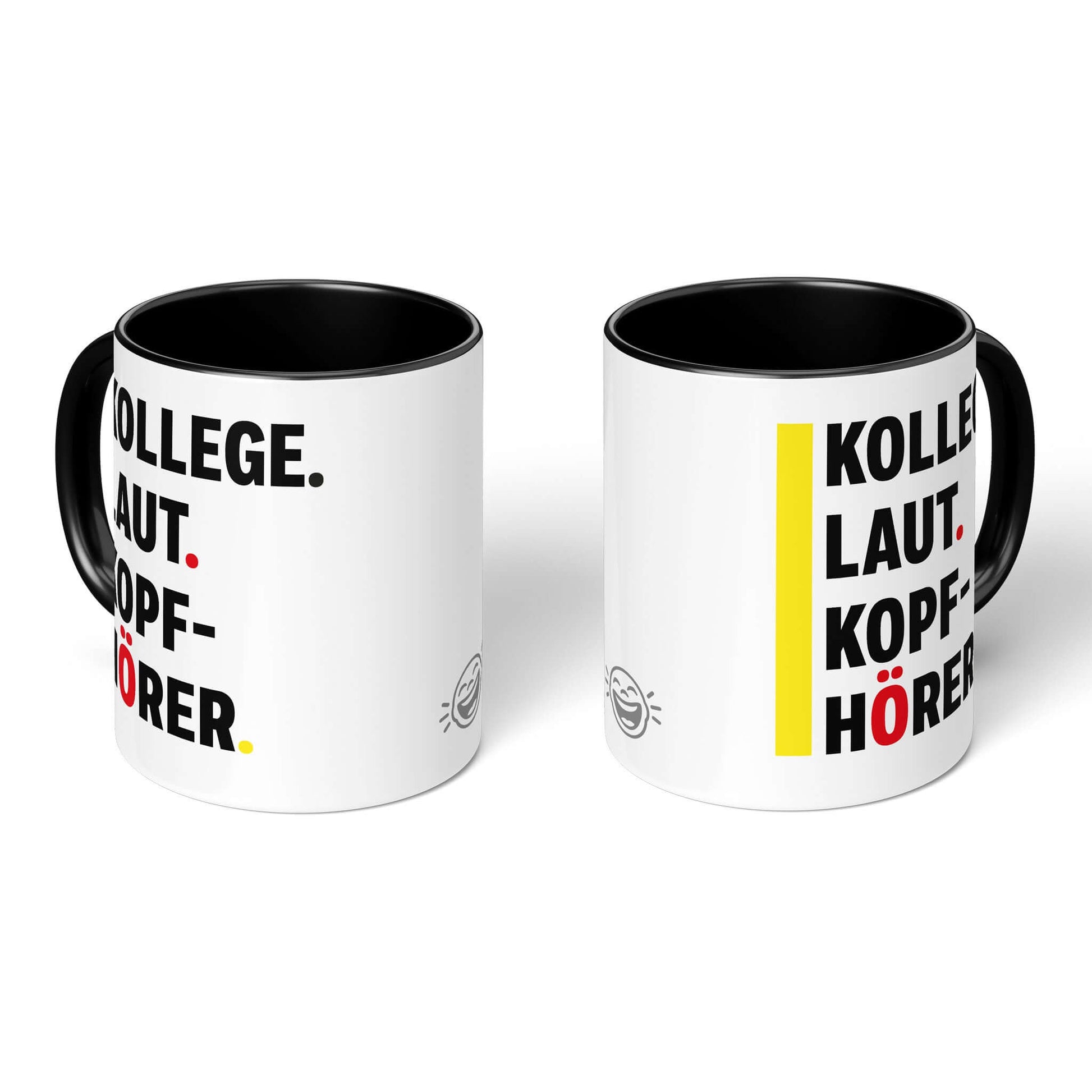 Office humor mug set in white and black-accented