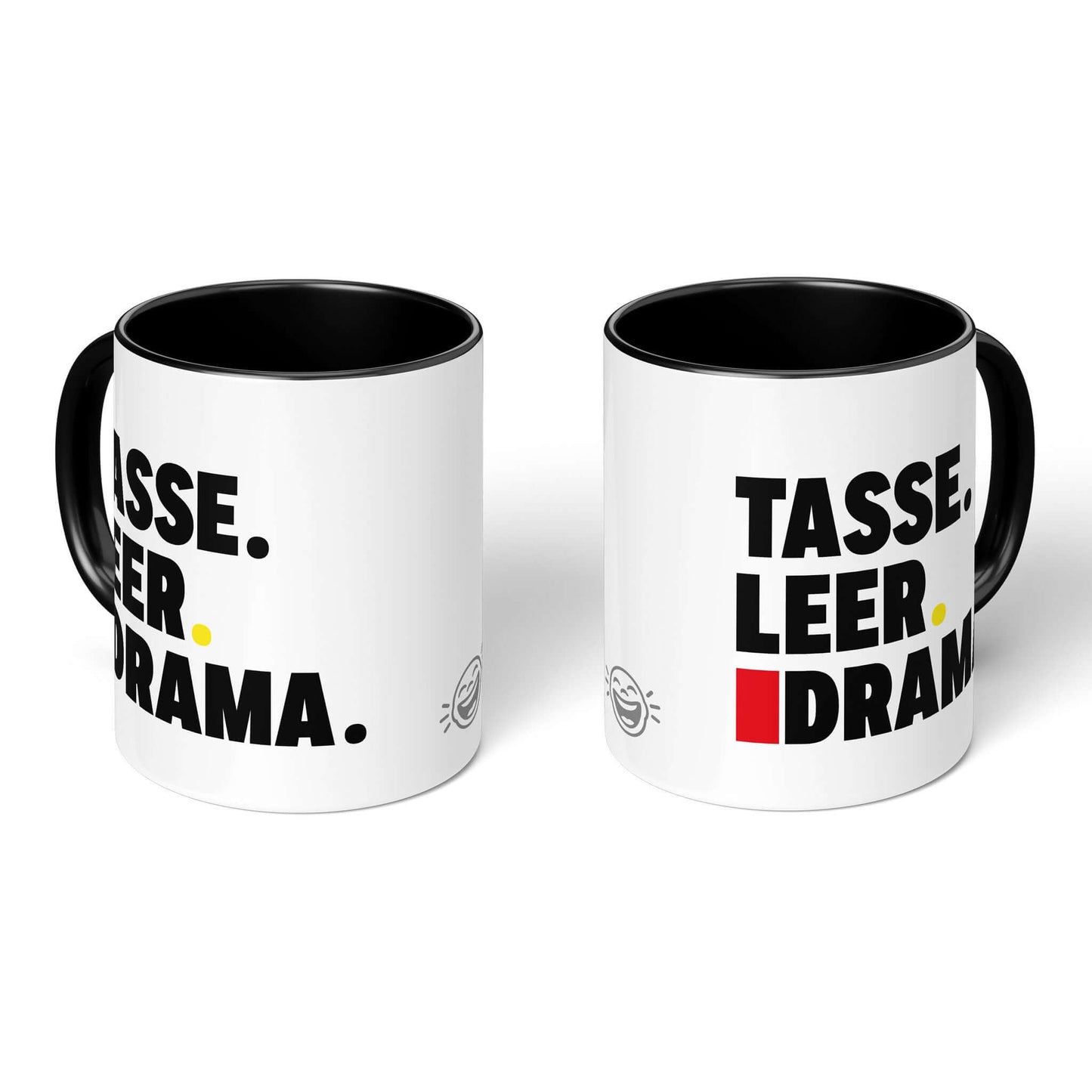 Black-handled mugs front & back view, side by side
