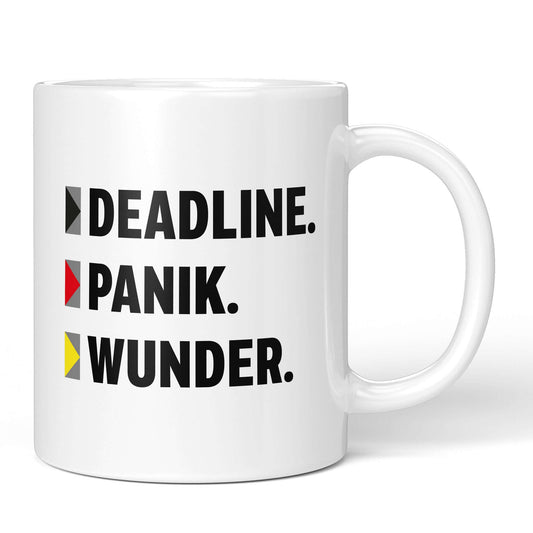 Mug front with text: Deadline. Panic. Miracle.
