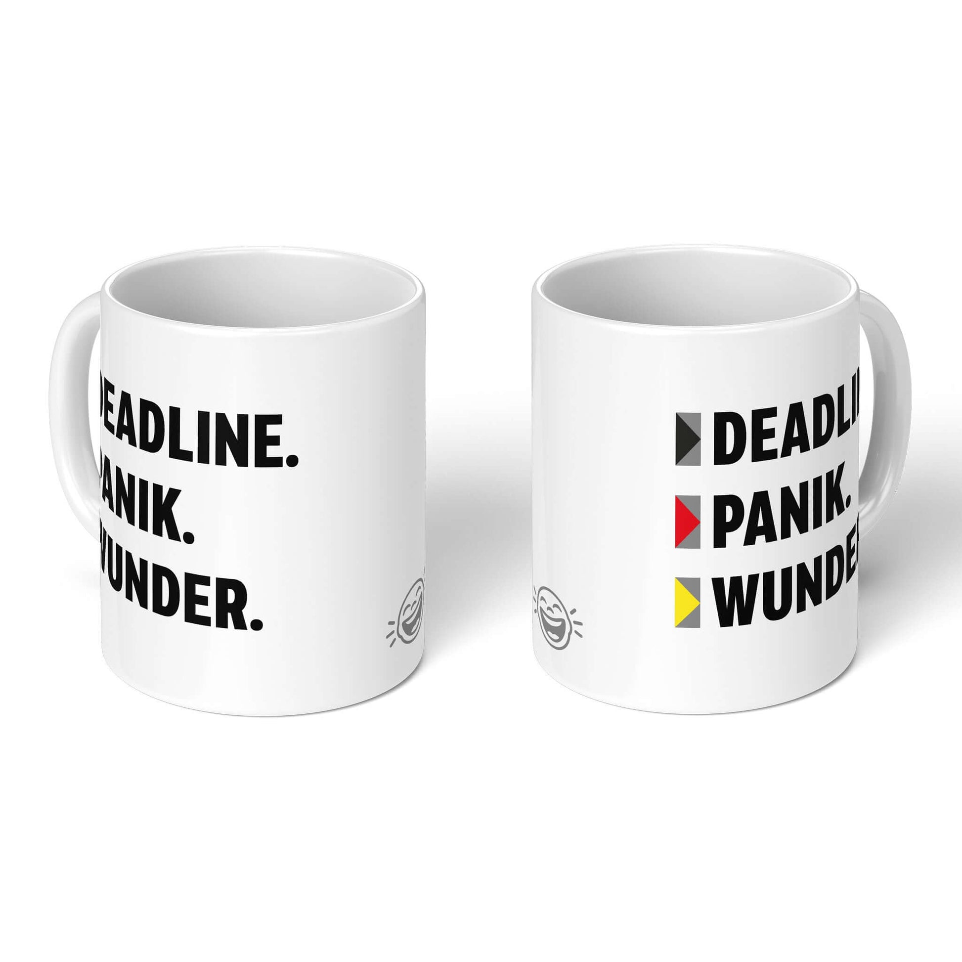 Two mugs side by side with humorous print
