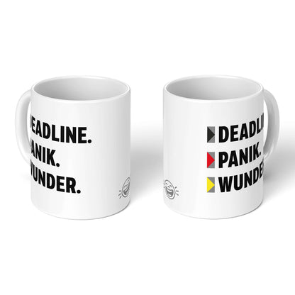 Two mugs side by side with humorous print