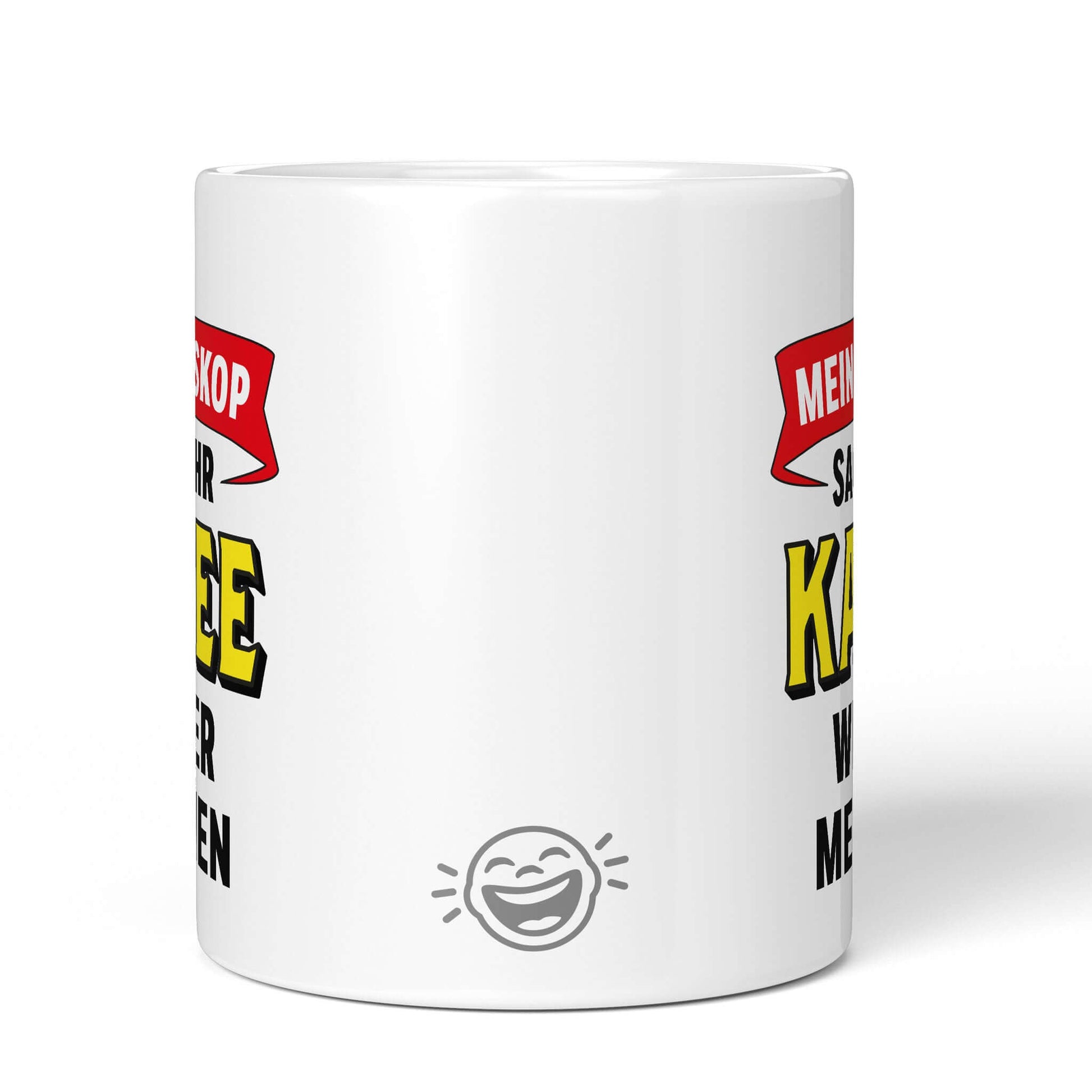 Back white mug with laughing Brüllerware icon
