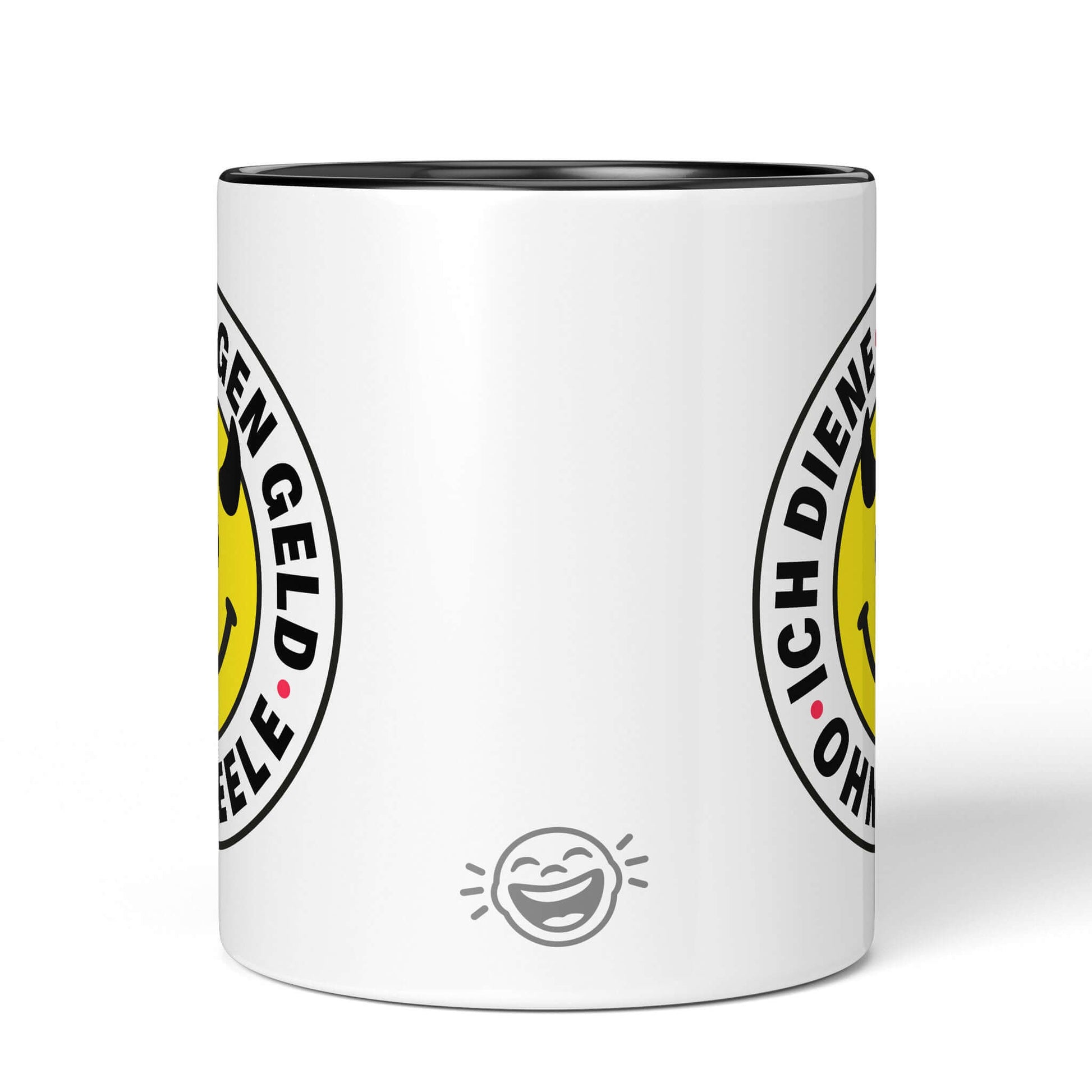 Ironic gift mug – back view of black handle version with logo