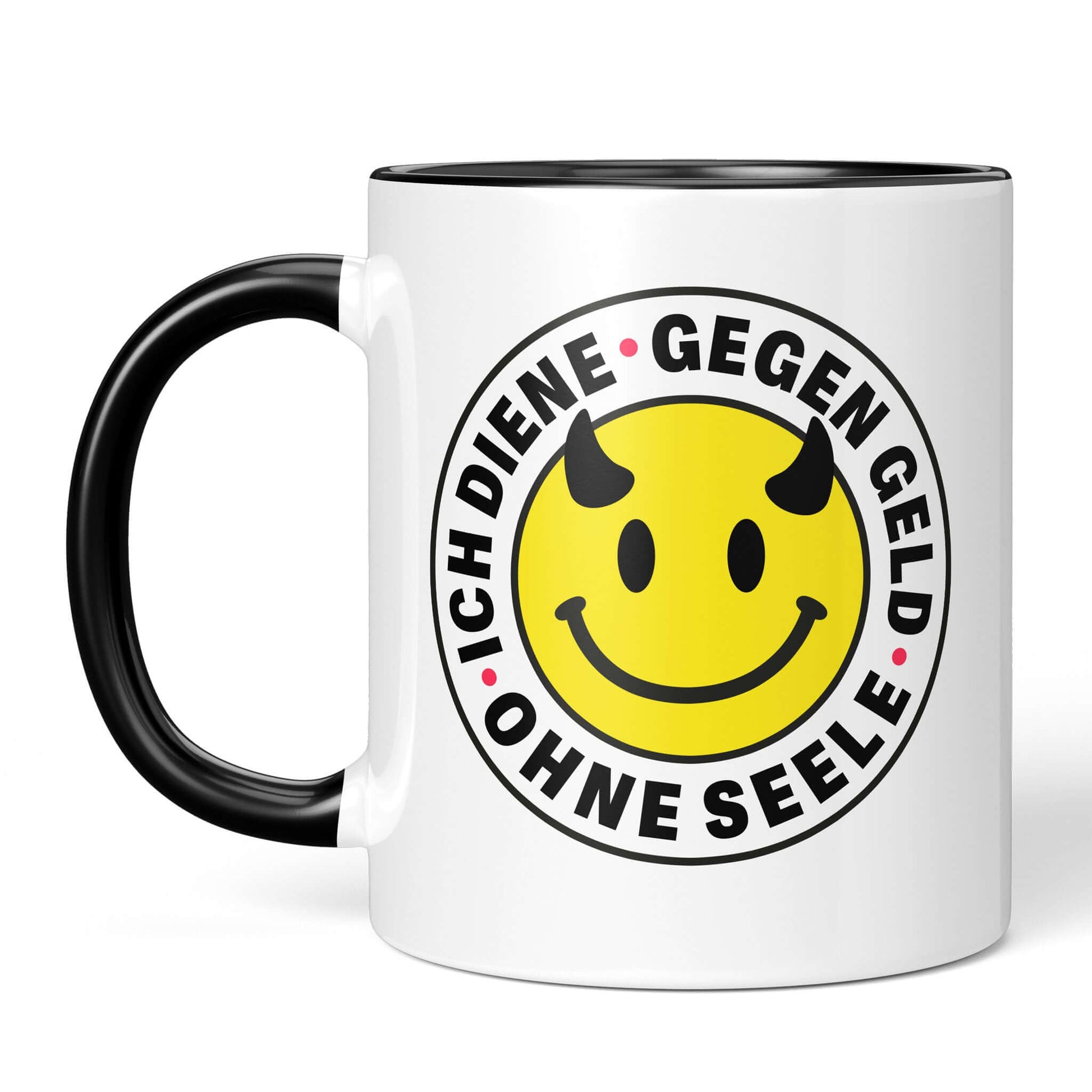 Sarcastic work mug black/white – front view devil-smiley print