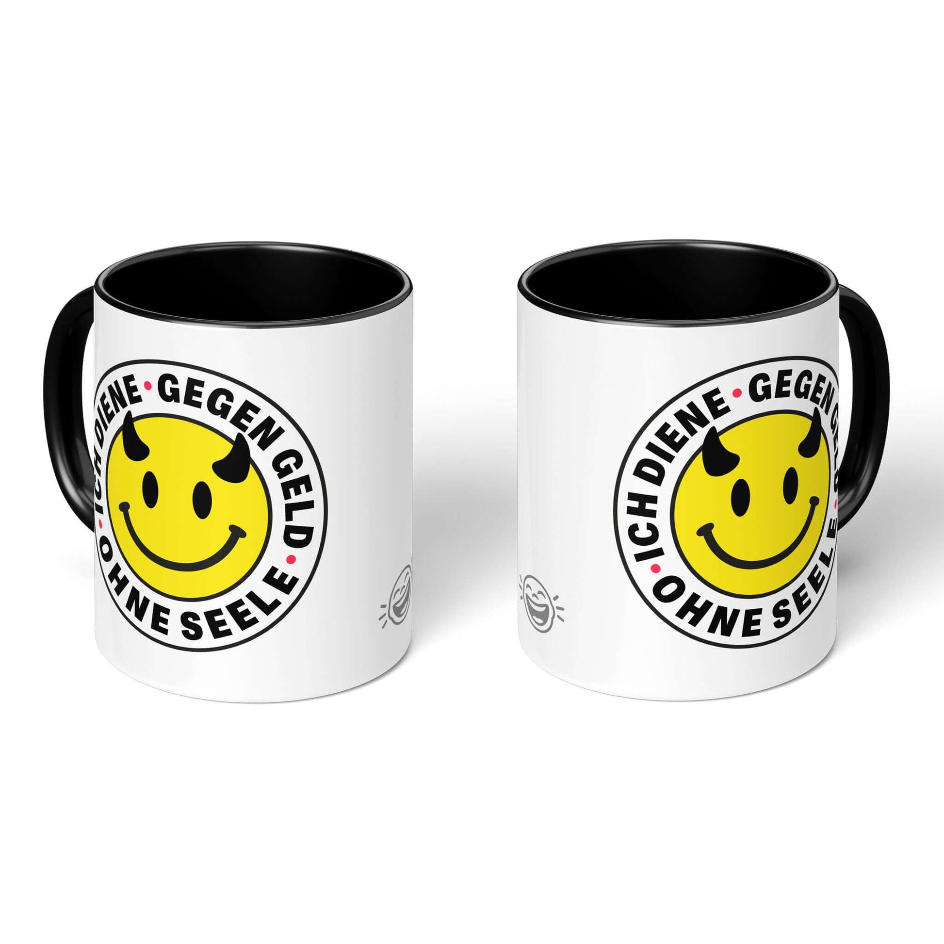 Burnout gift mugs – side-by-side front and back views of black-handle mug