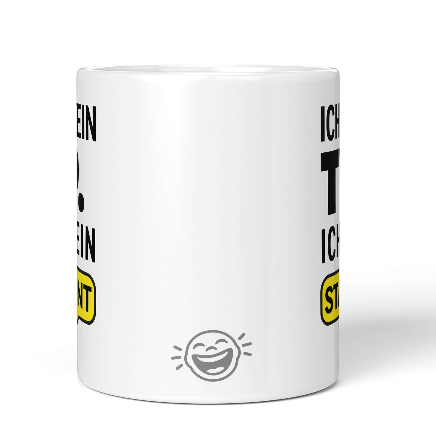 Brüllerware statement mug – back view white mug with laughing face