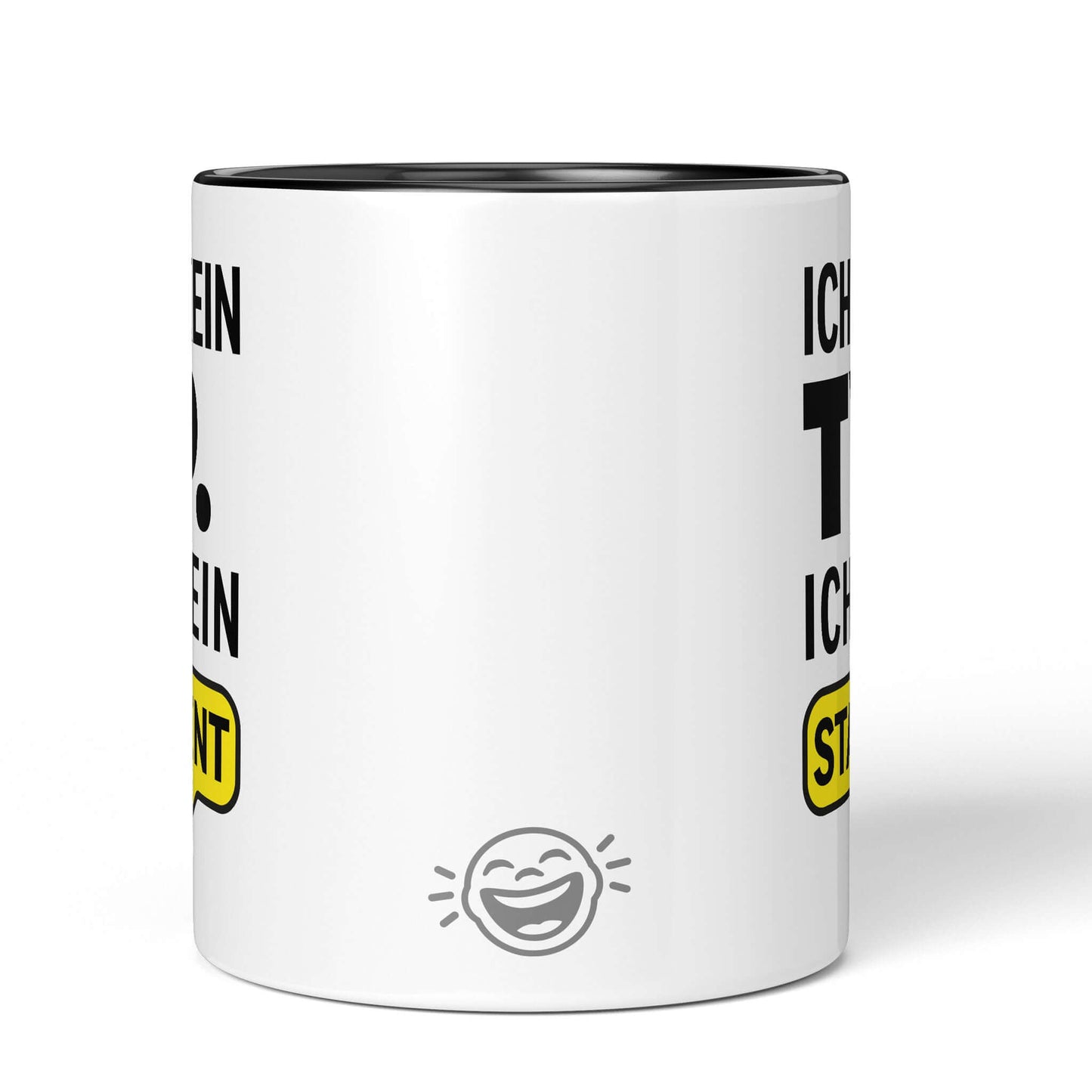 Gender-inclusive mug – back view black/white mug with laughing face