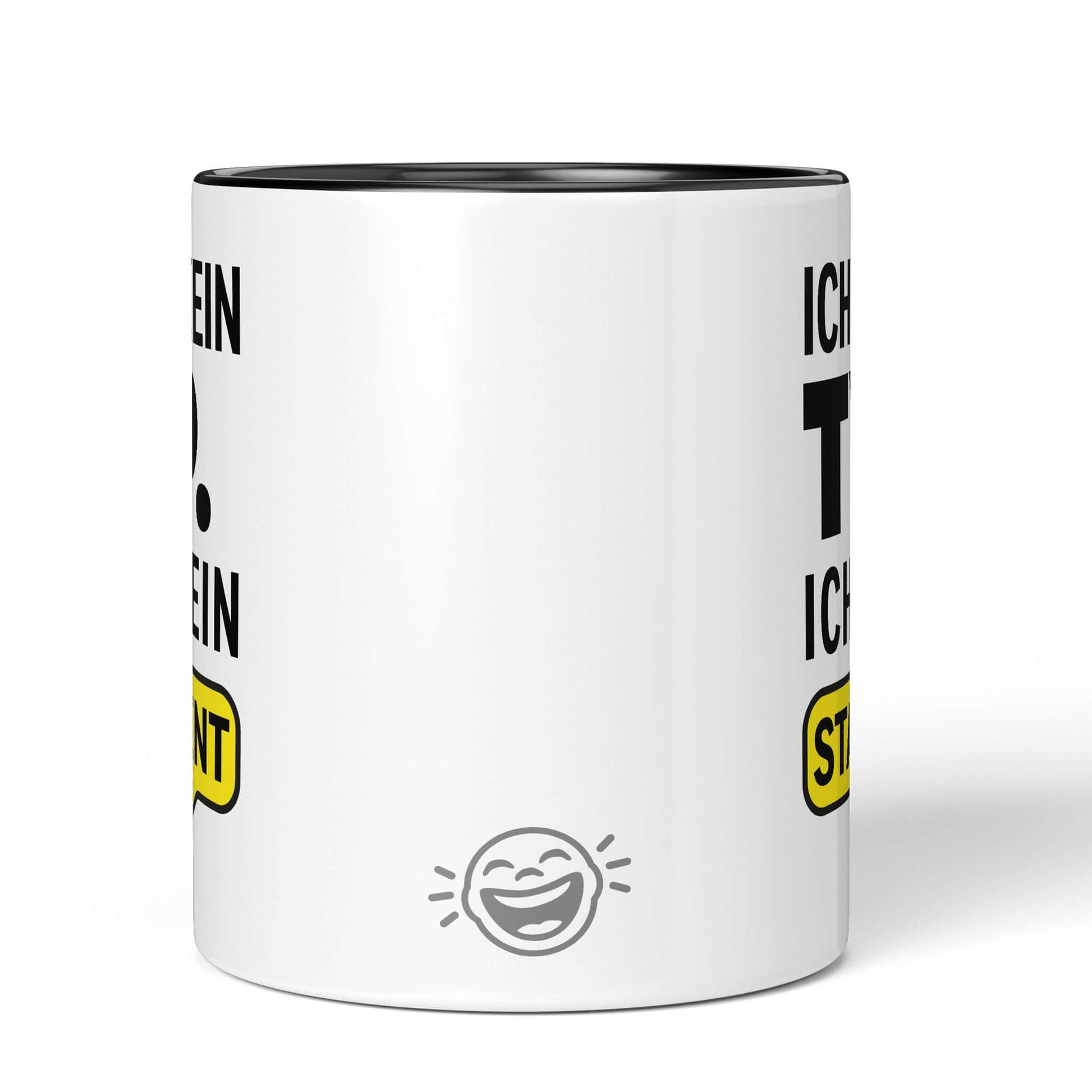 Gender-inclusive mug – back view black/white mug with laughing face