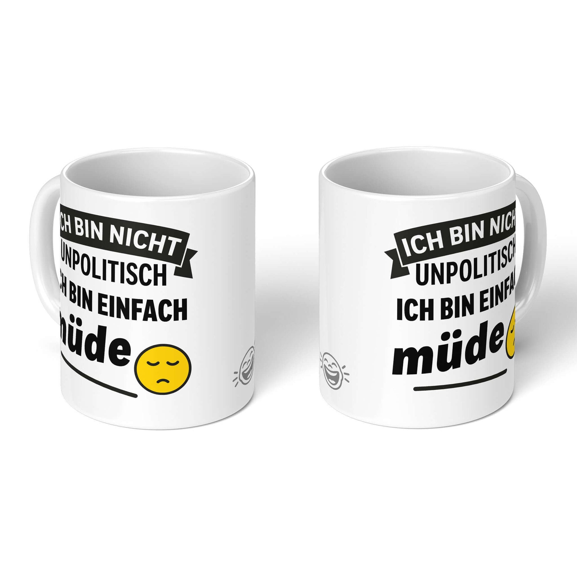 Two white mugs – front and back