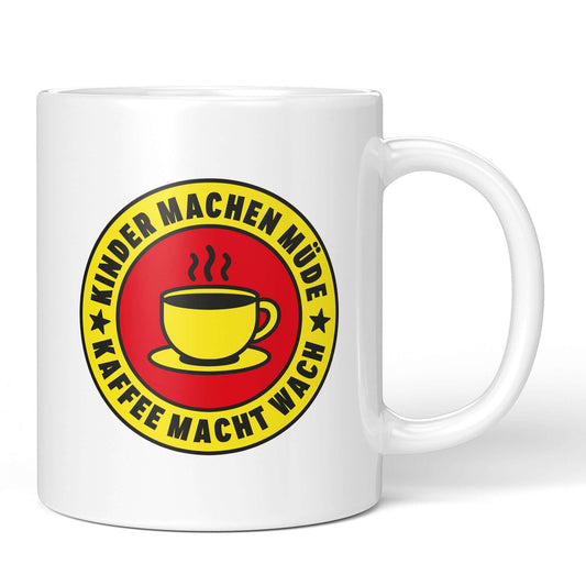 Front view of mug with “Kids make you tired – Coffee wakes you up” circular design