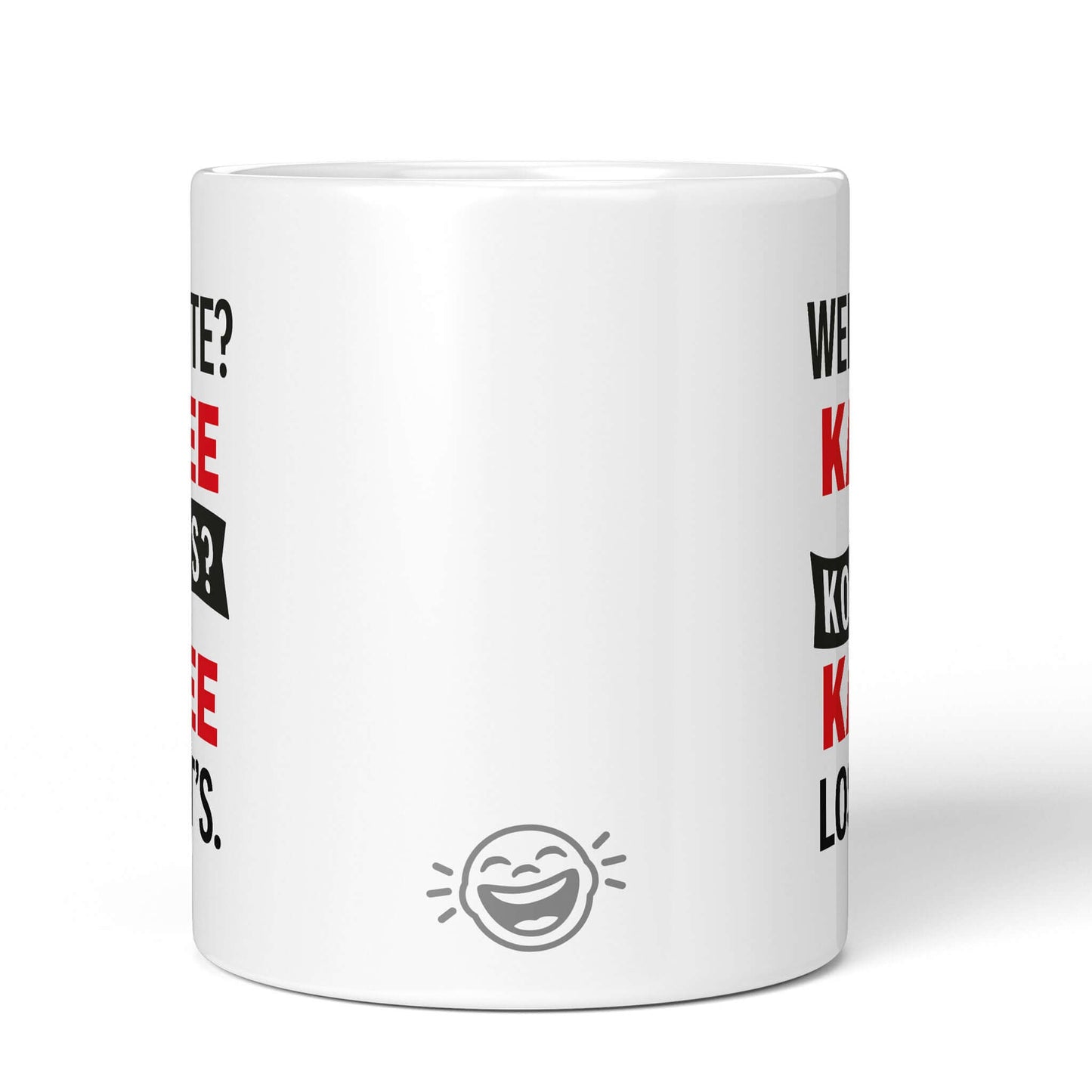 Back of white mug with Brüllerware laugh icon
