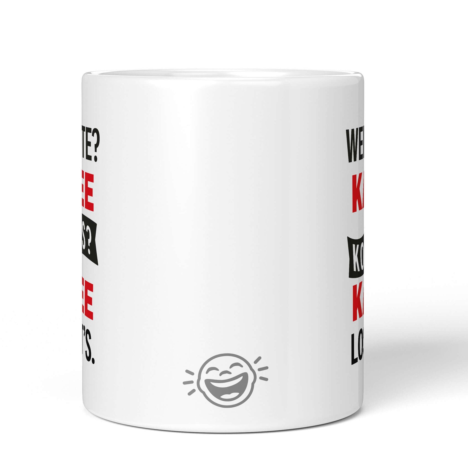 Back of white mug with Brüllerware laugh icon