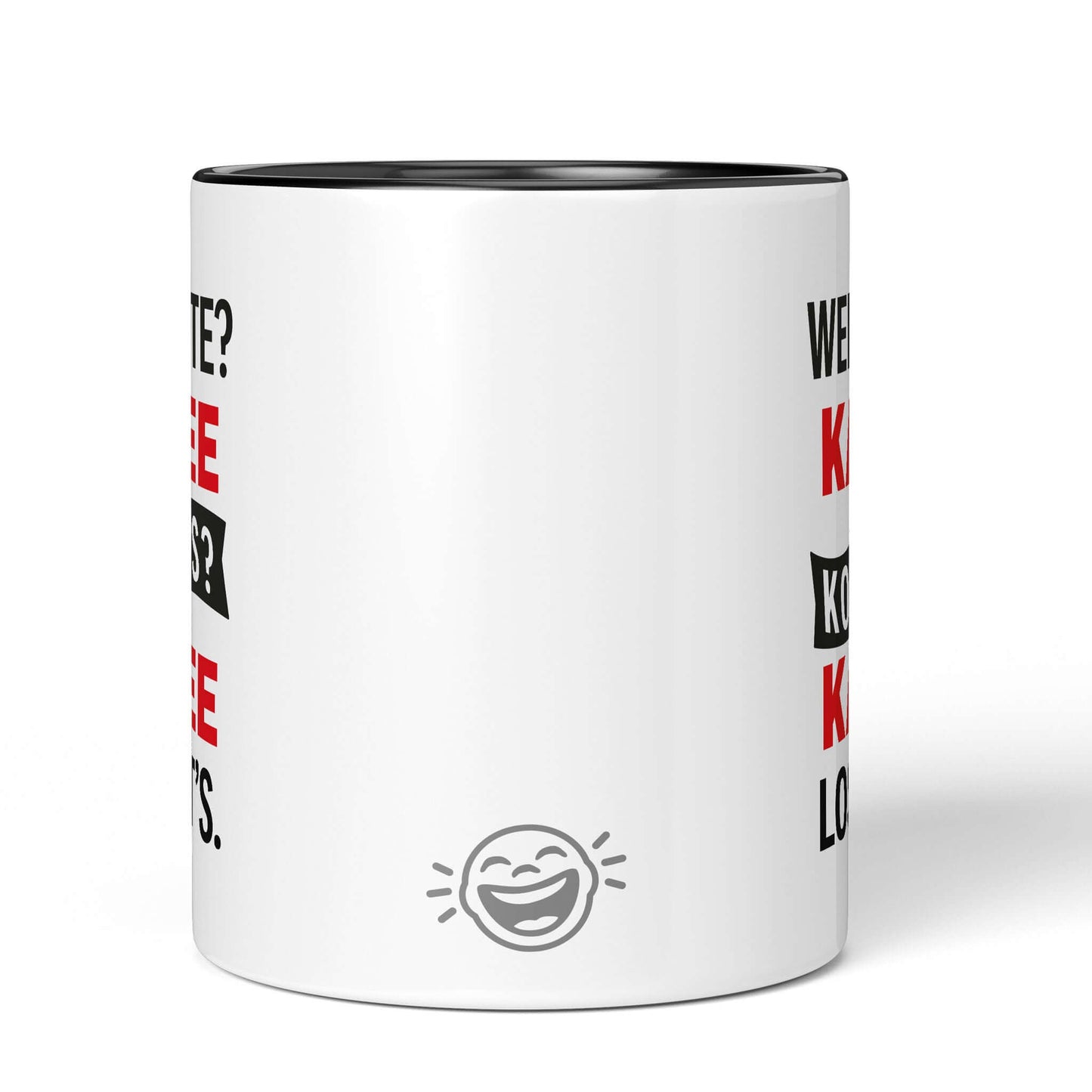 Back of black-accented mug with laugh icon