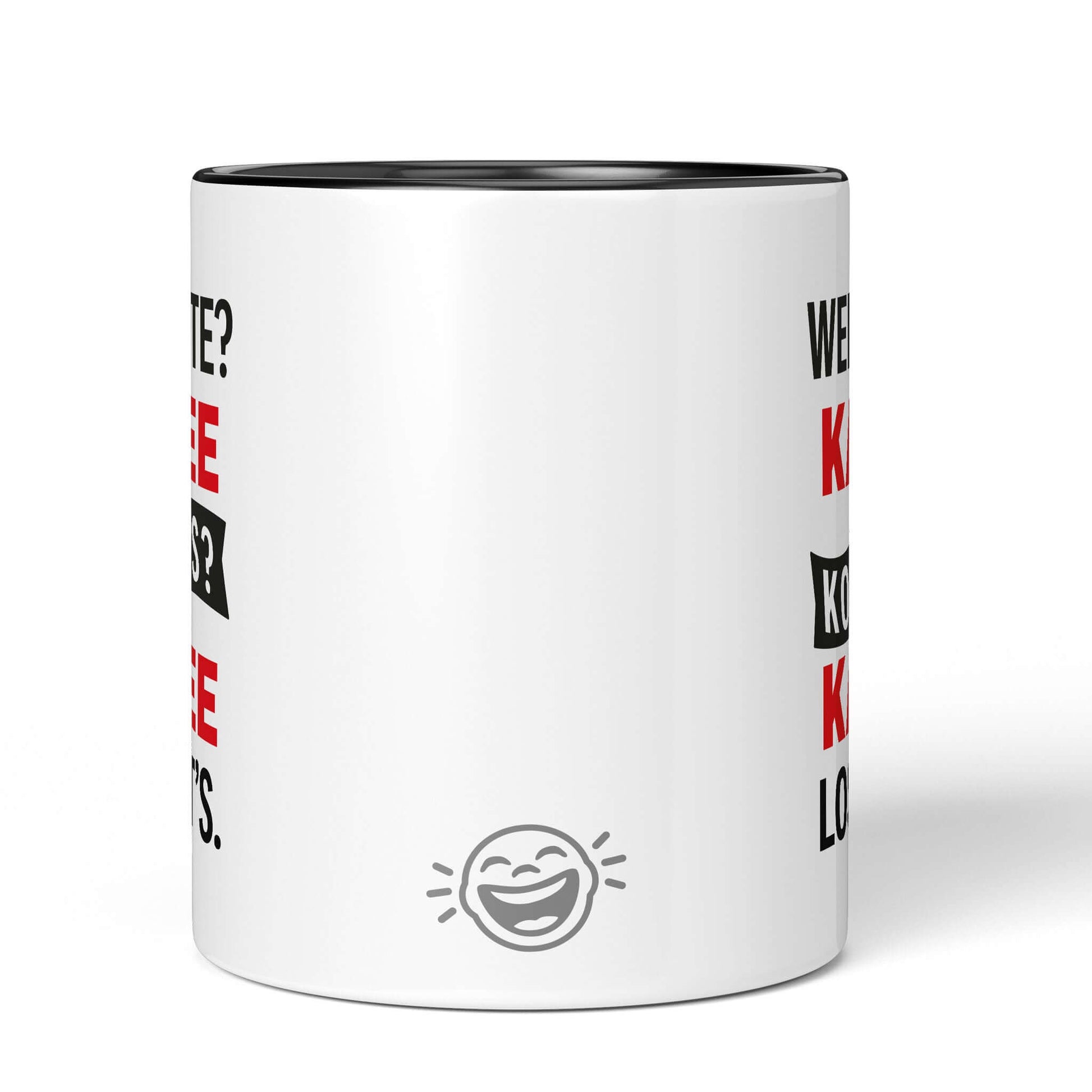 Back of black-accented mug with laugh icon