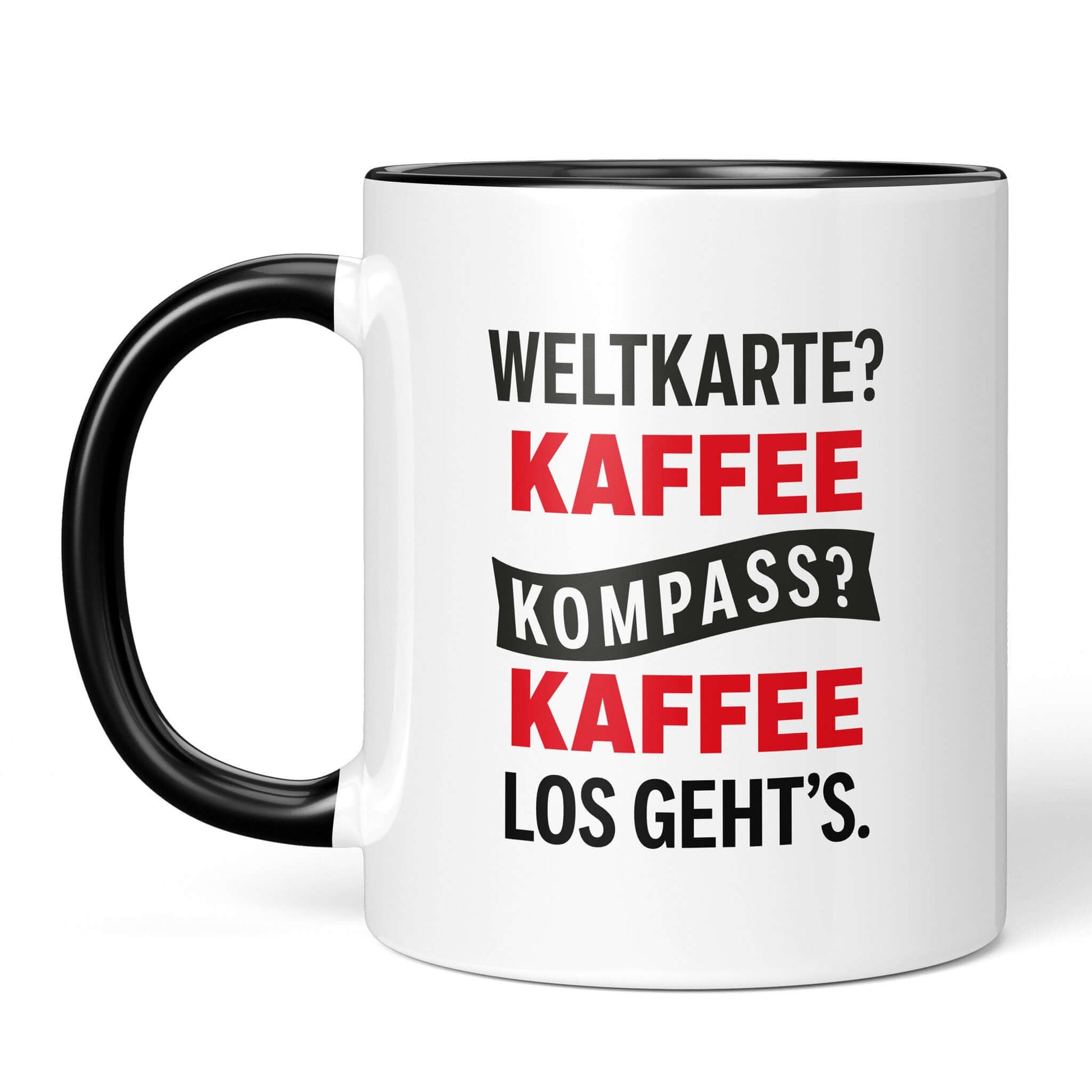 Front view black/white: travel quote coffee mug
