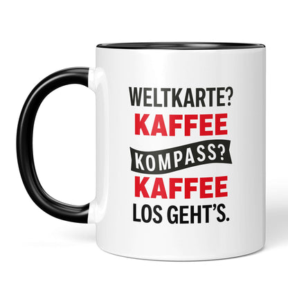 Front view black/white: travel quote coffee mug