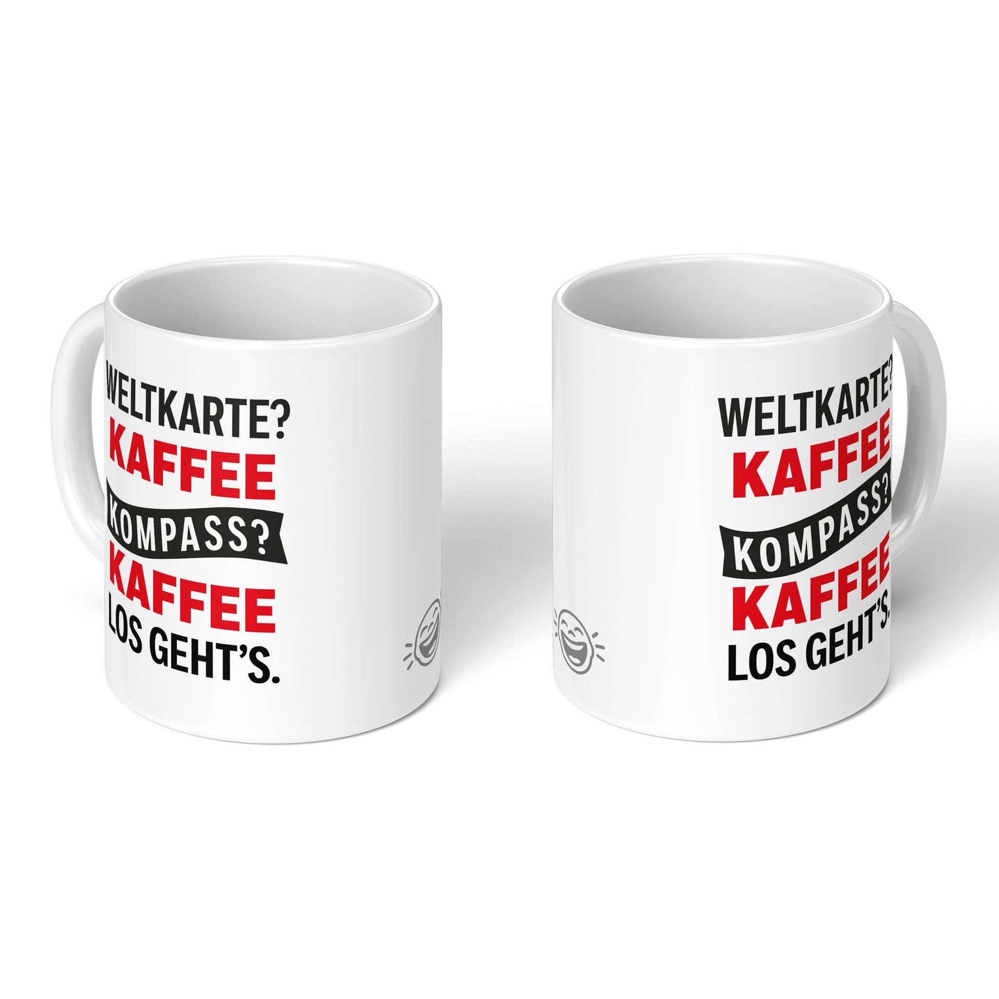 Two white mugs – front and back