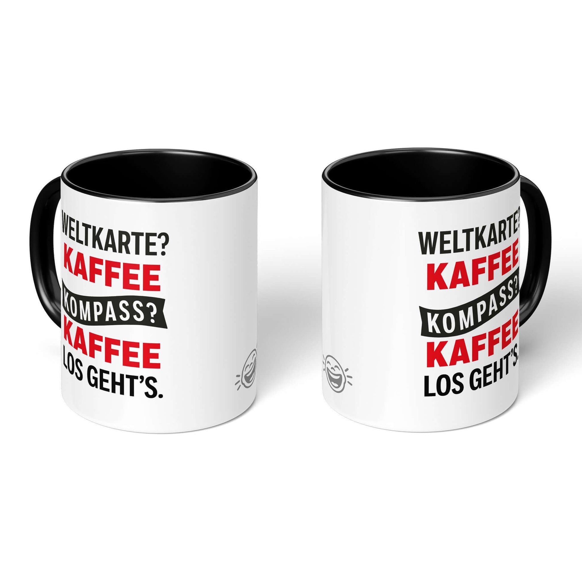 Two black-handled mugs – front and back