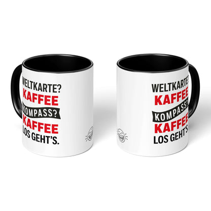 Two black-handled mugs – front and back