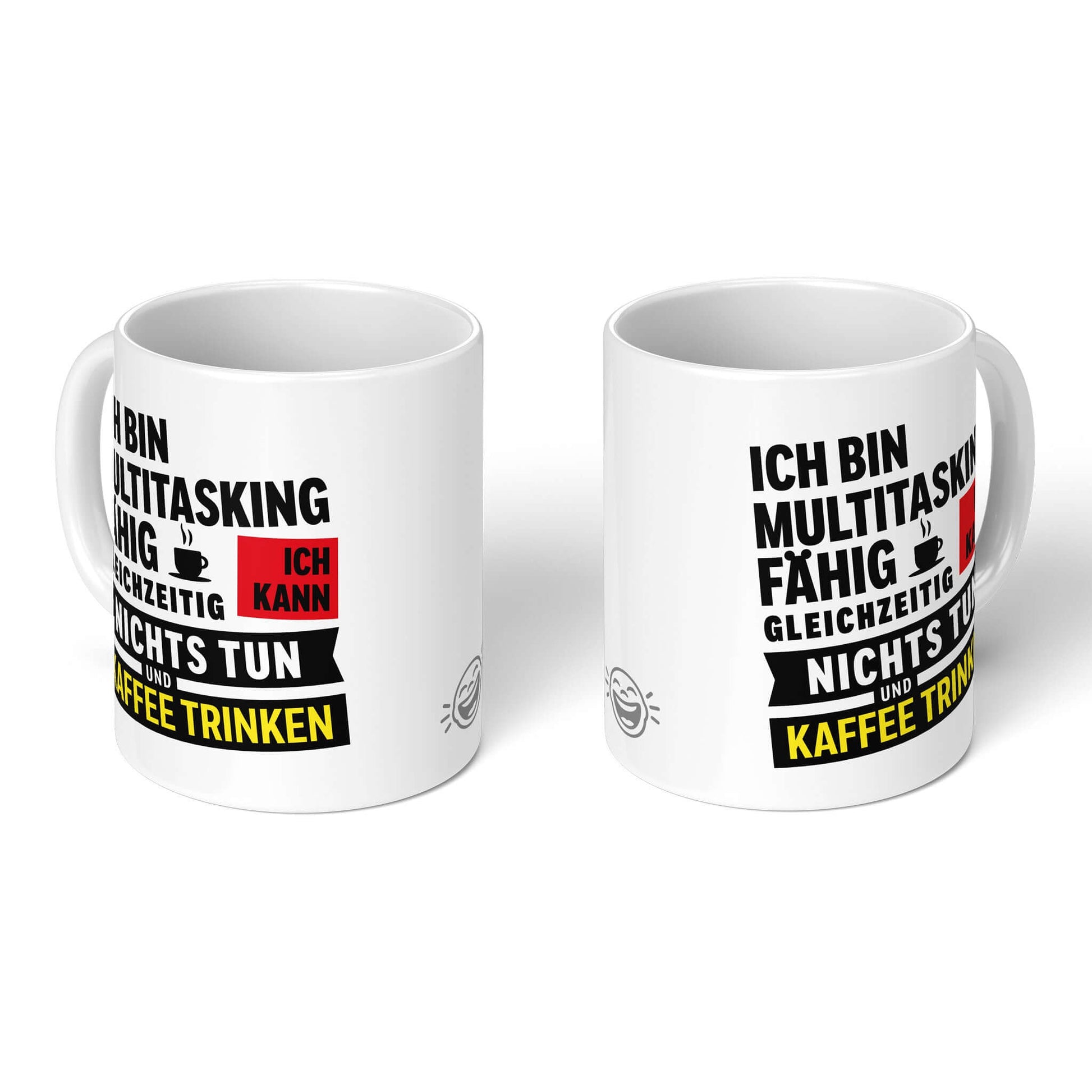 Two white mugs – front & back views