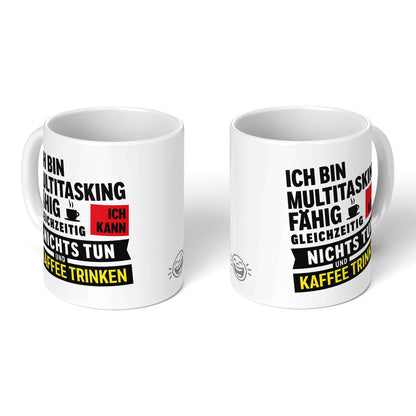 Two white mugs – front & back views