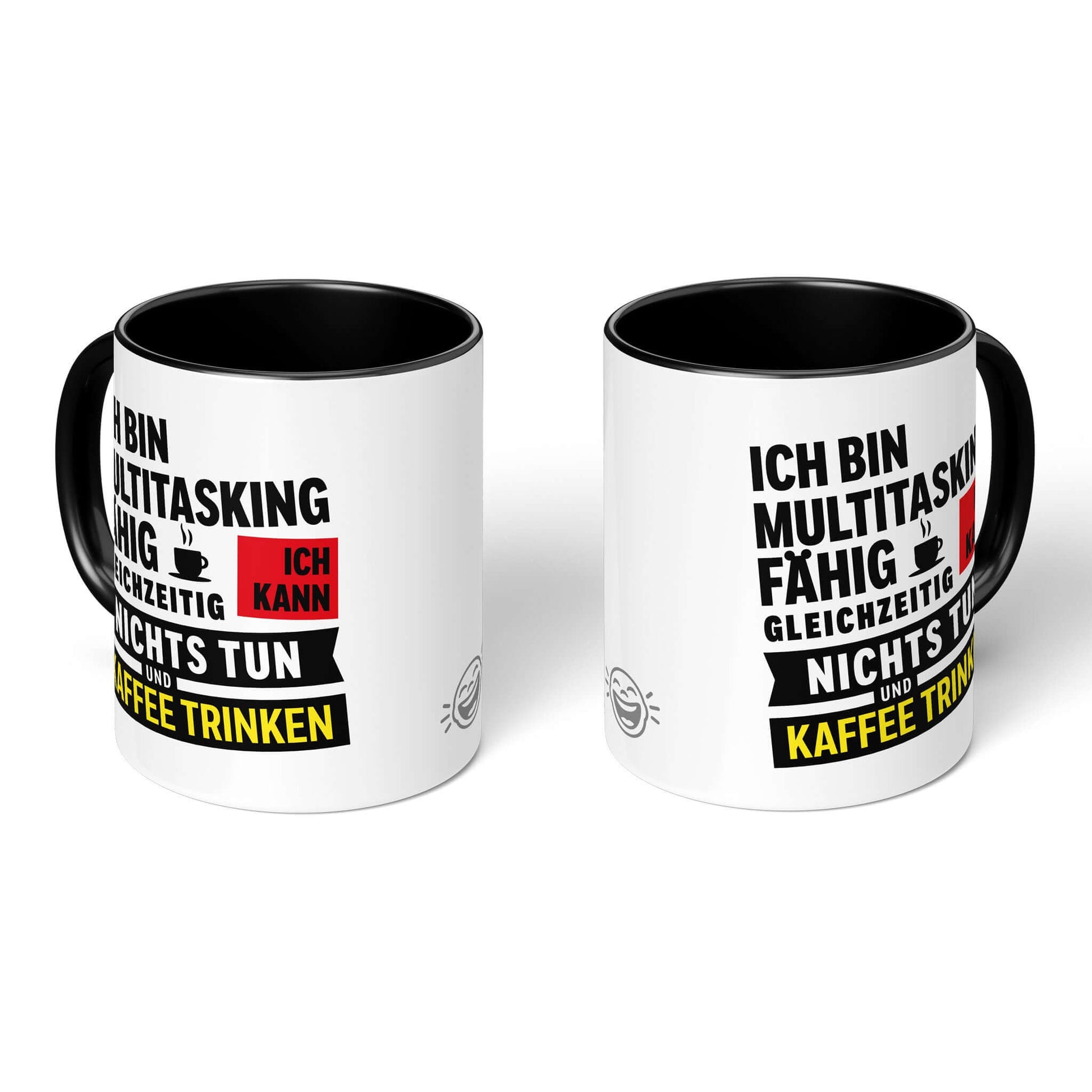 Two black-accented mugs – front & back views