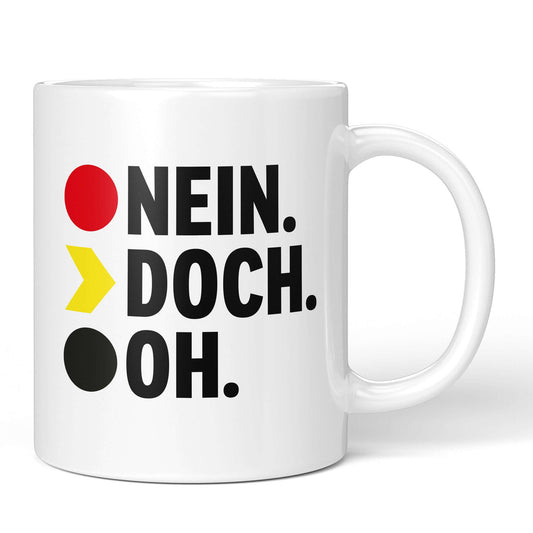 Front view of mug with “NEIN. DOCH. OH.” quote and icons