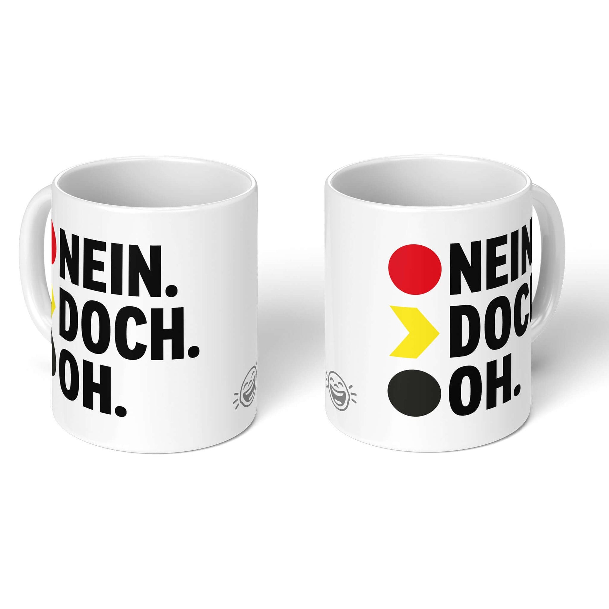 Two white mugs side-by-side – front & back