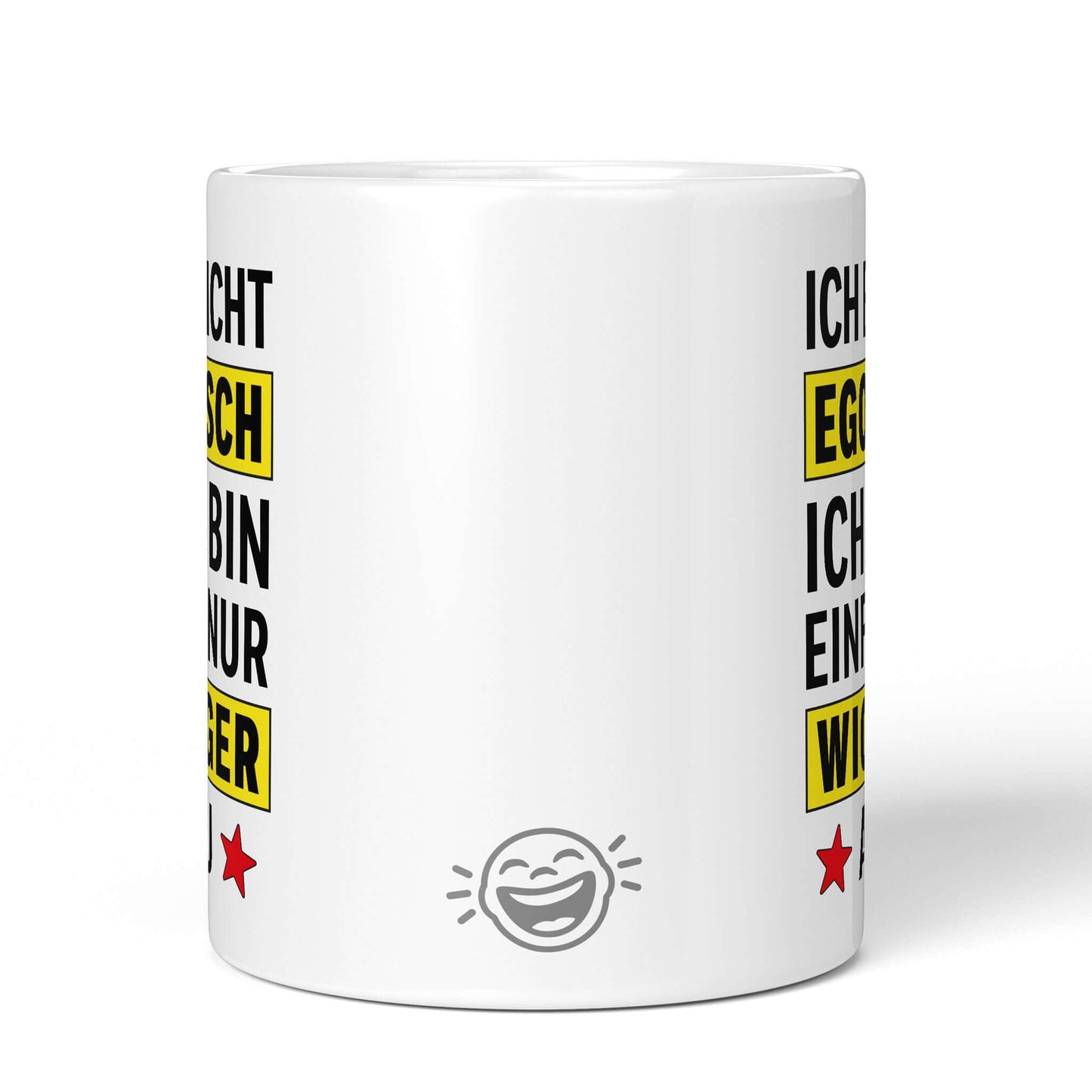 Back view of white mug with Brüllerware laughing face