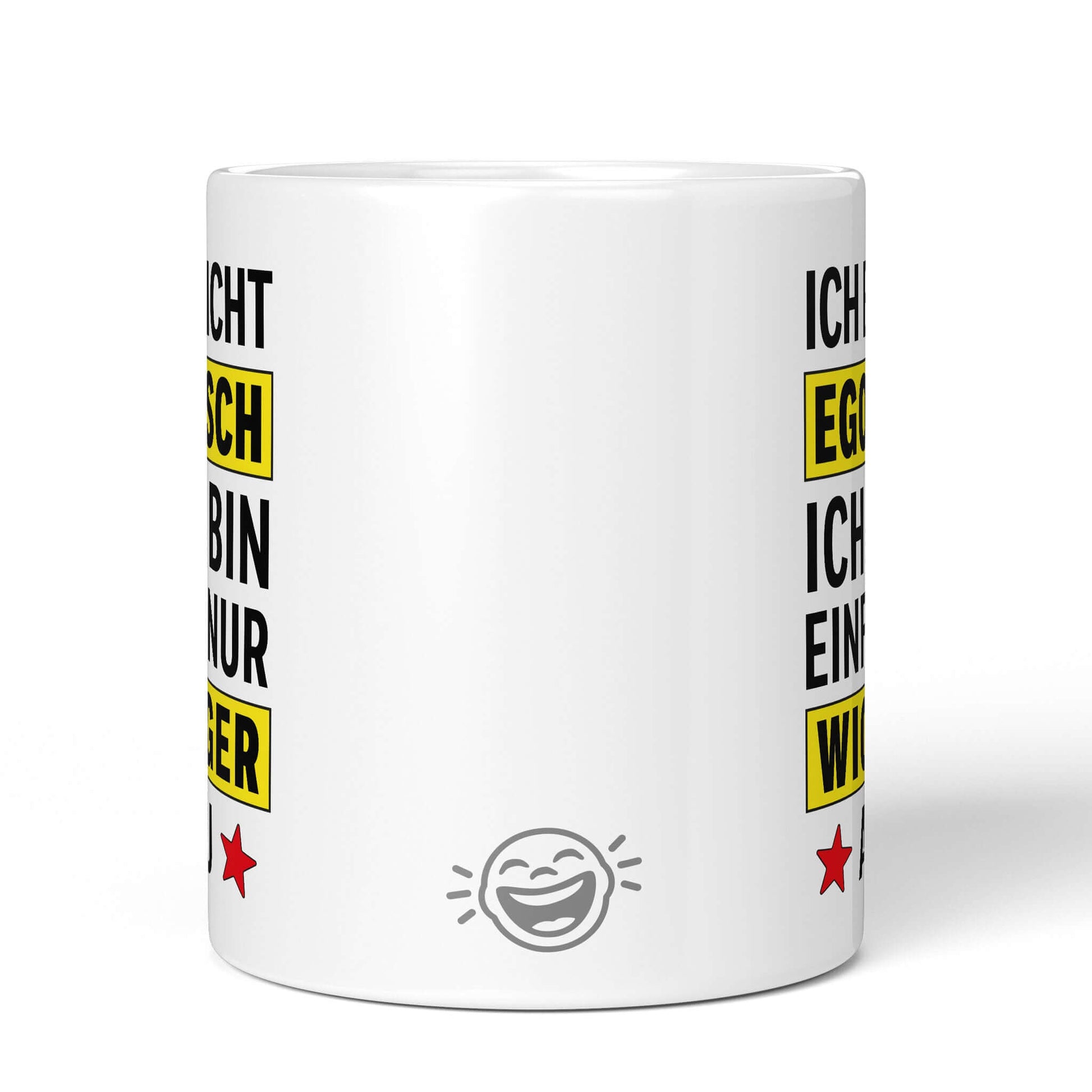 Back view of white mug with Brüllerware laughing face