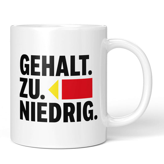 White mug with text: Pay. Too. Low.