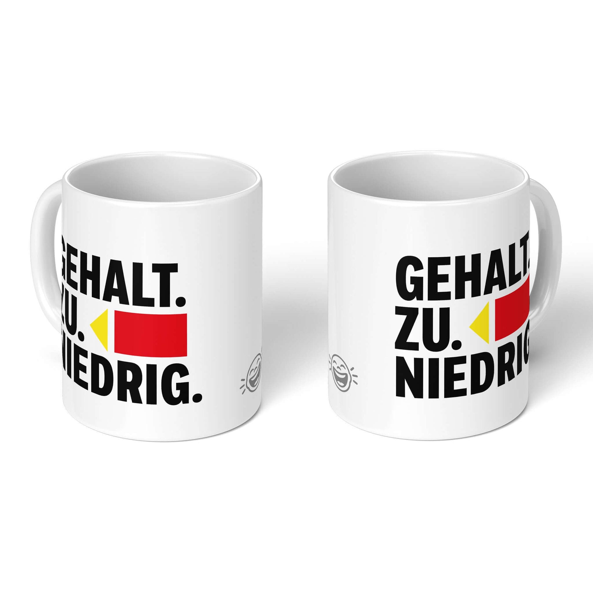 Two mugs showing full front and back of design